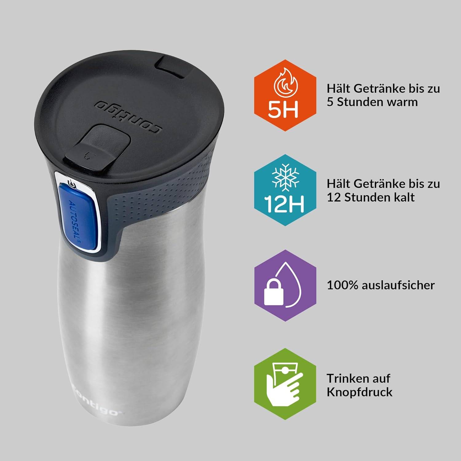 Contigo Thermobecher West Loop Autoseal Edelstahl Isolierbecher 470 ml Fb. Steel