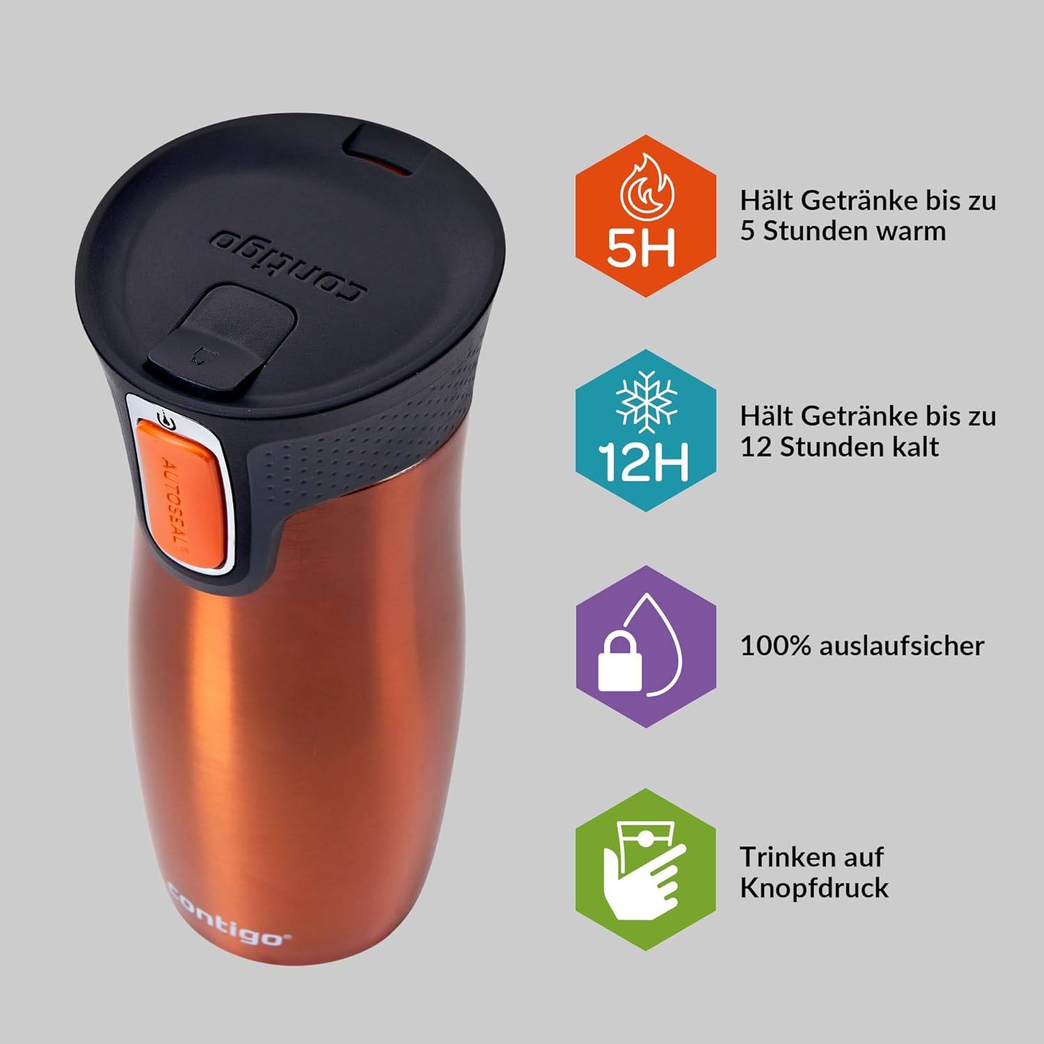 Contigo Thermobecher West Loop Autoseal Edelstahl Isolierbecher 470 ml Tangerine
