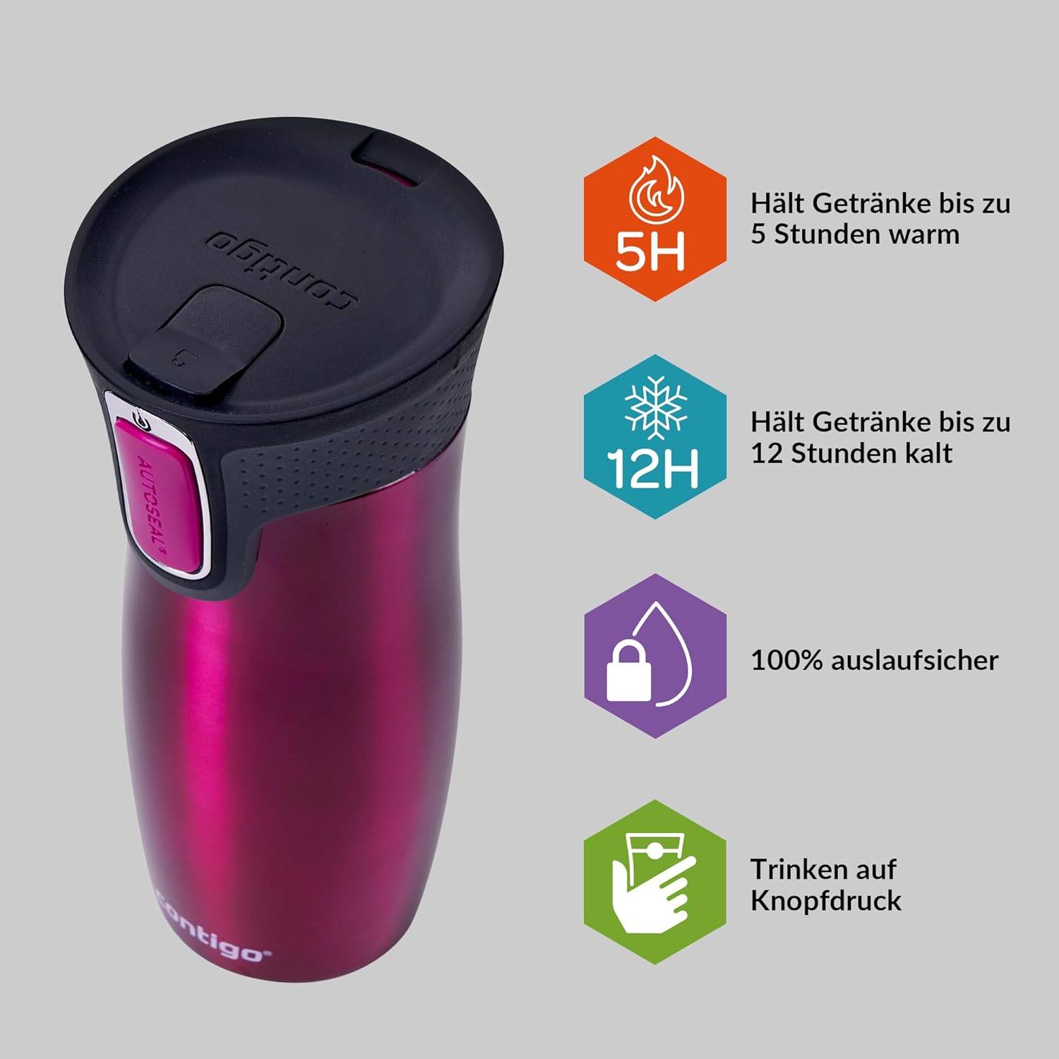 Contigo Thermobecher West Loop Autoseal Edelstahl Isolierbecher 470 ml Raspberry