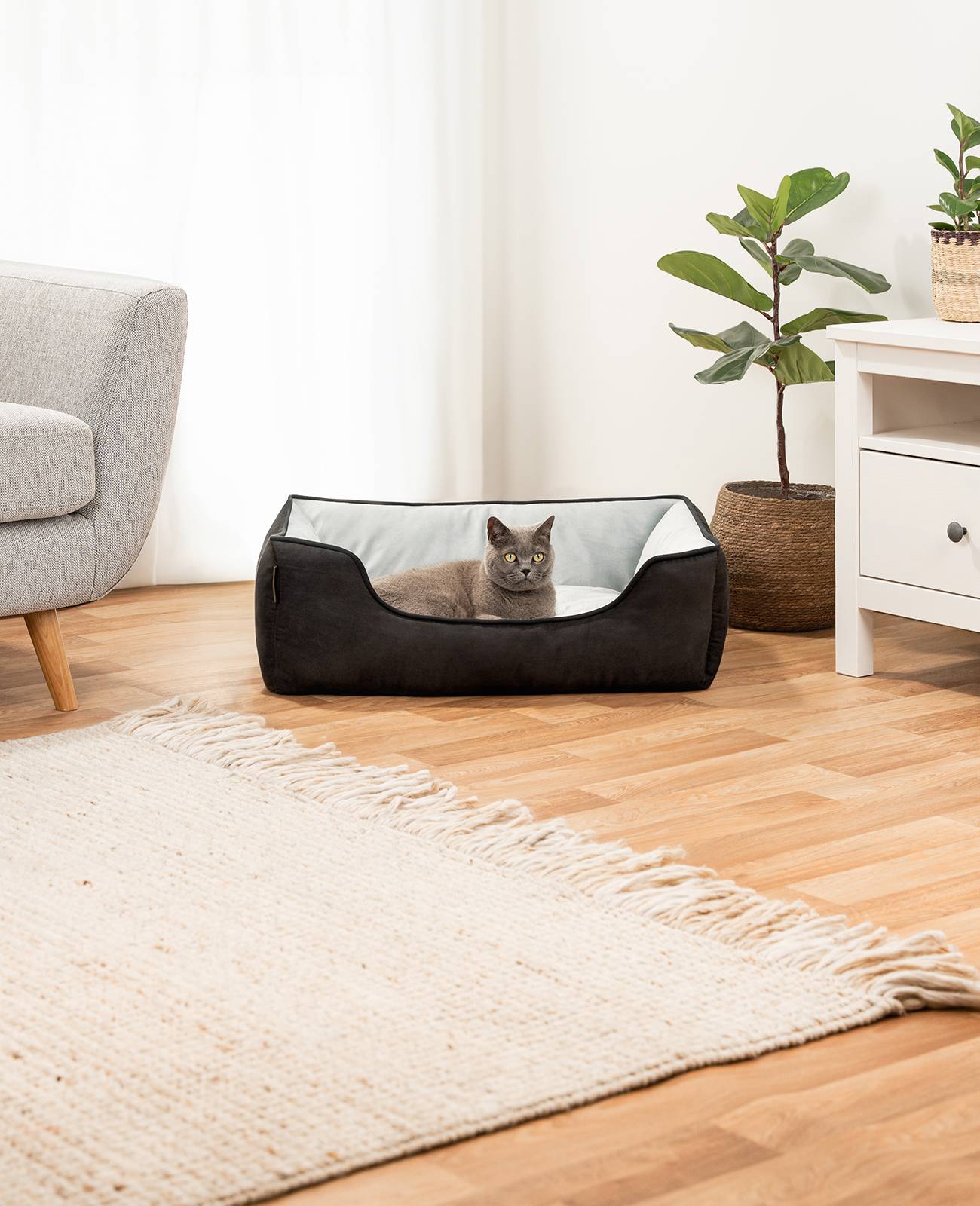 lionto Wendesofa für Katzen, 2-in-1 Katzenbett, weich gepolstert & pflegeleicht, modernes Design, 80x60 cm, schwarz/grau