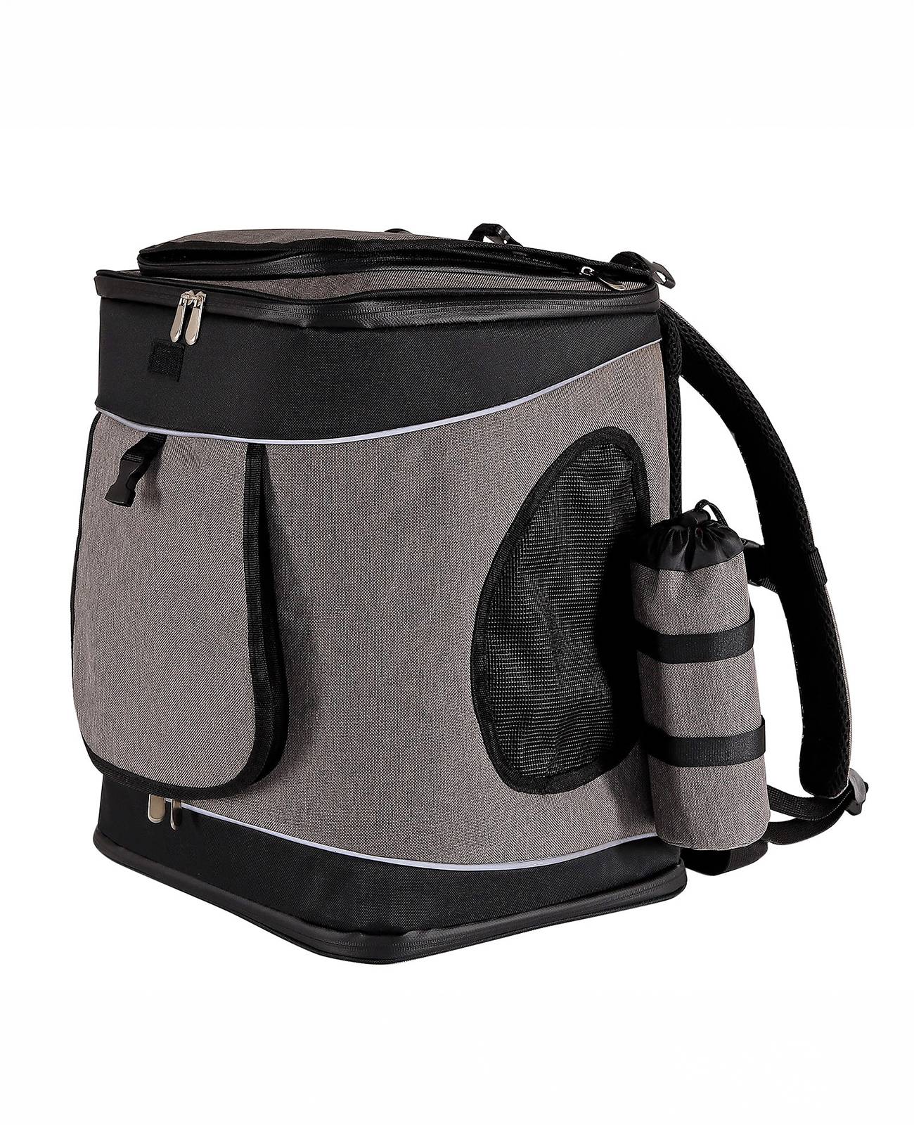 lionto Katzen-Rucksack, komfortabler & wetterfester Haustierrucksack mit Belüftung, Karabinerhaken & Reflektoren, grau/schwarz