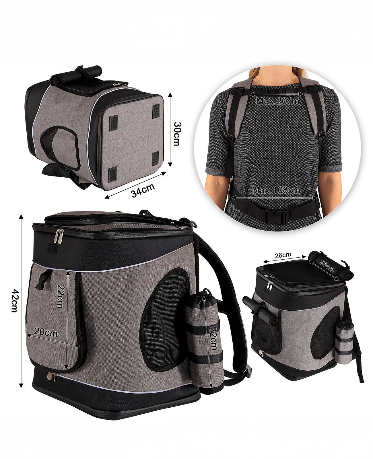 lionto Katzen-Rucksack, komfortabler & wetterfester Haustierrucksack mit Belüftung, Karabinerhaken & Reflektoren, grau/schwarz