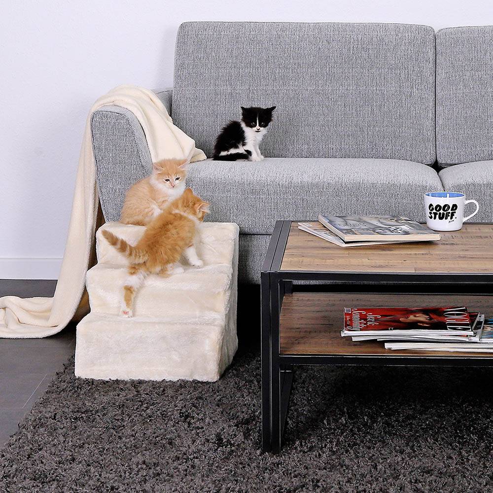 lionto Katzentreppe, weich gepolstert & gelenkschonend, rutschfest & stabil, mit abnehmbarem Plüschbezug, 46x36x34 cm, beige