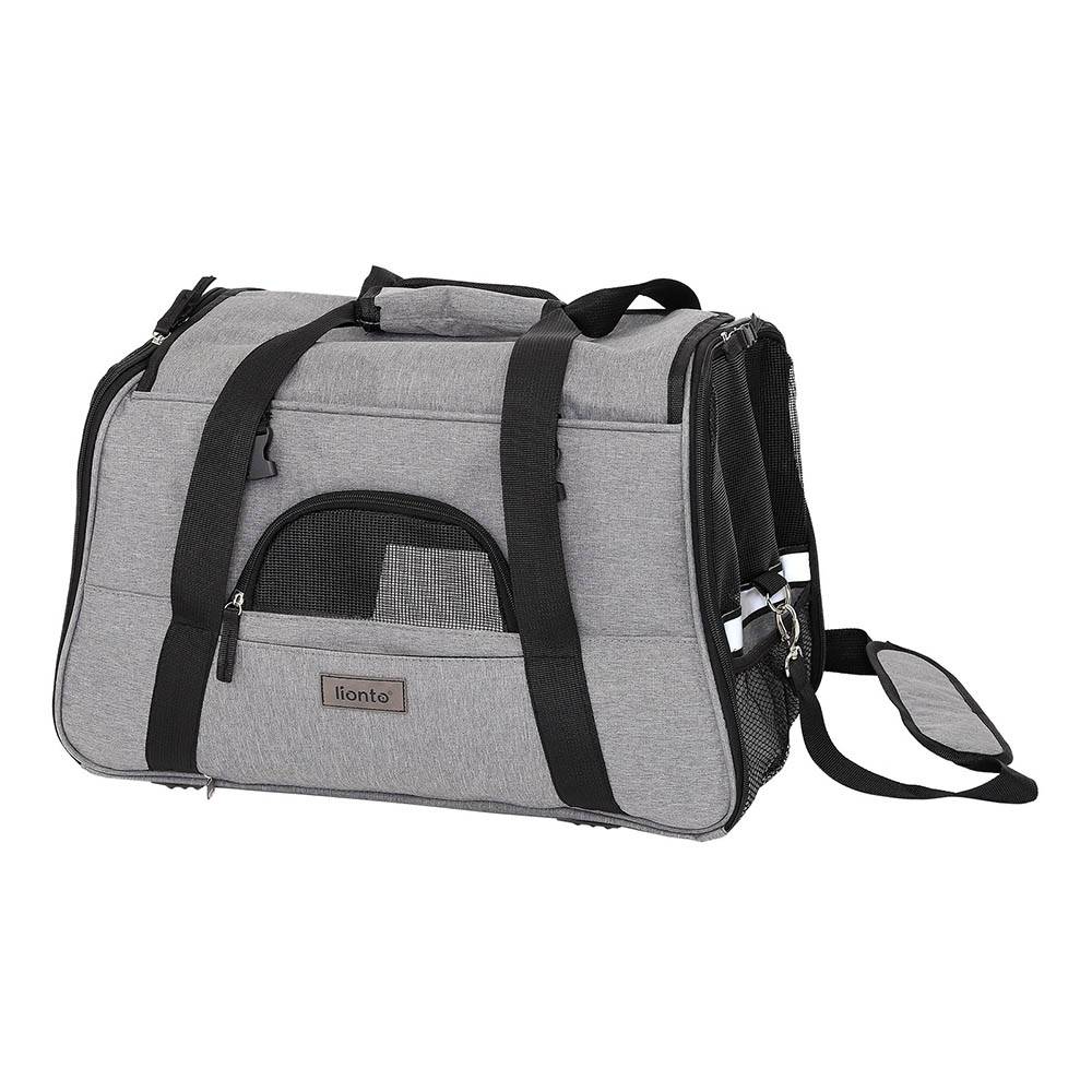 lionto Katzen Transporttasche, faltbar & atmungsaktiv, mit Tragegriff, Schultergurt, Liegekissen & Reflektoren, grau