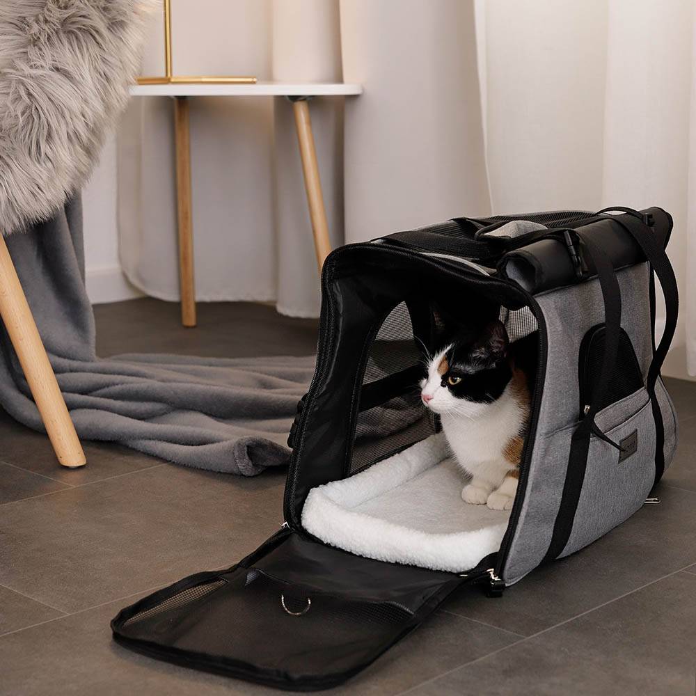 lionto Katzen Transporttasche, faltbar & atmungsaktiv, mit Tragegriff, Schultergurt, Liegekissen & Reflektoren, grau