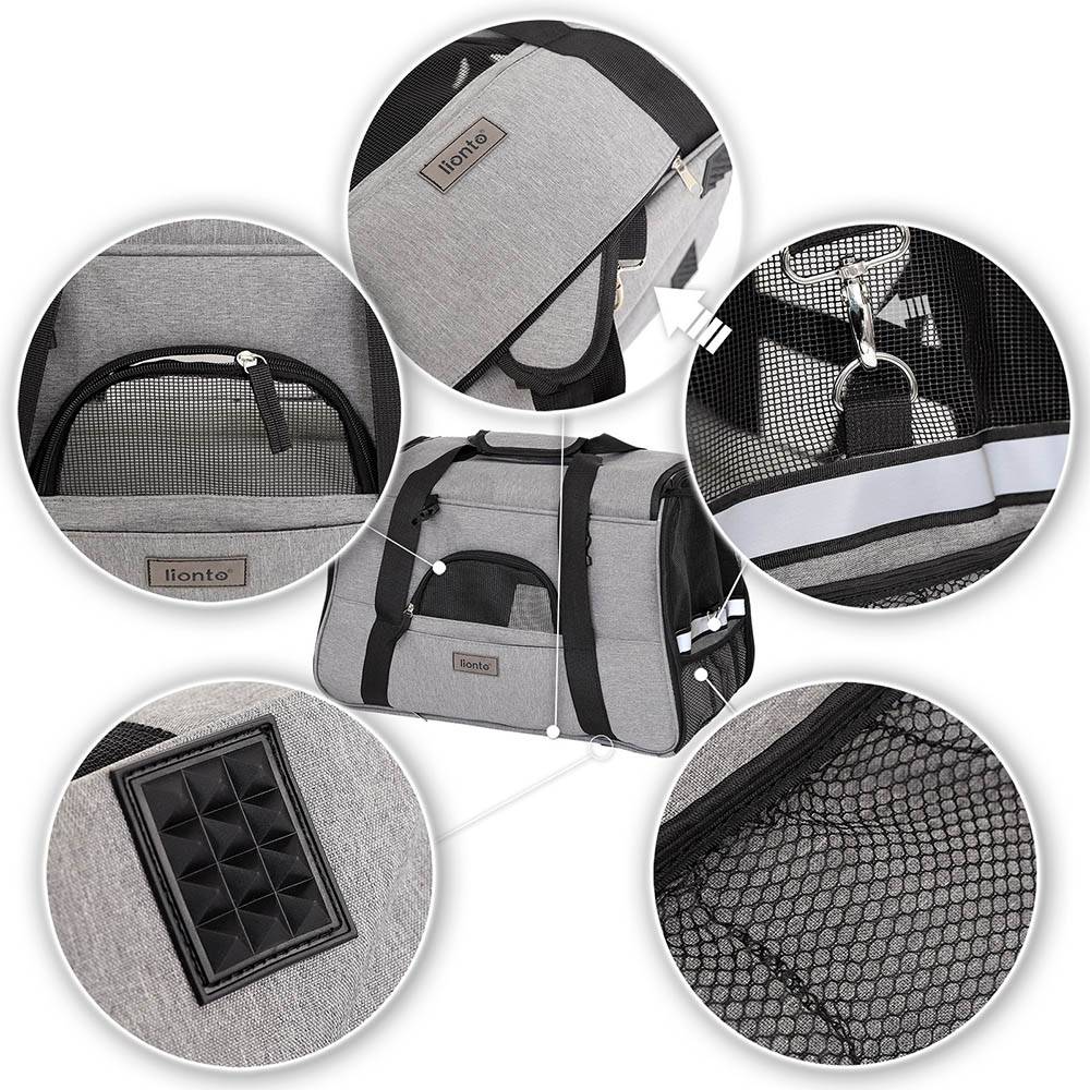 lionto Katzen Transporttasche, faltbar & atmungsaktiv, mit Tragegriff, Schultergurt, Liegekissen & Reflektoren, grau