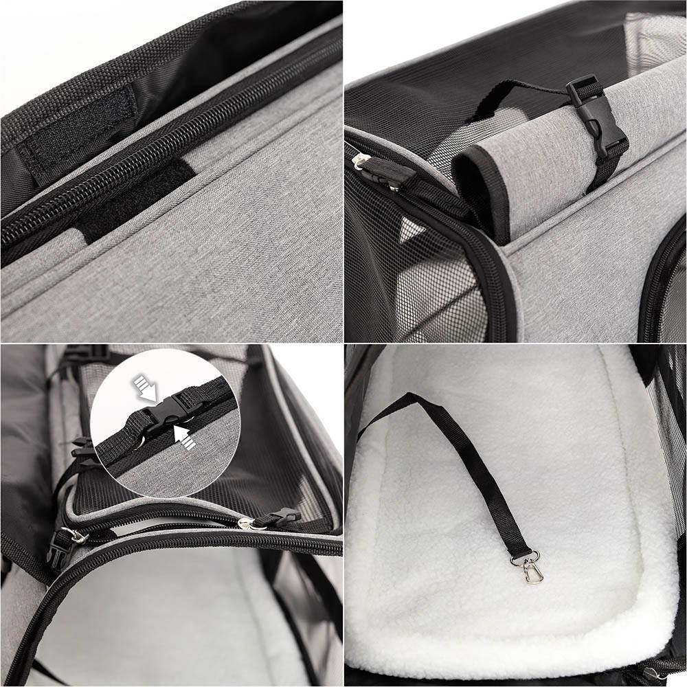 lionto Katzen Transporttasche, faltbar & atmungsaktiv, mit Tragegriff, Schultergurt, Liegekissen & Reflektoren, grau