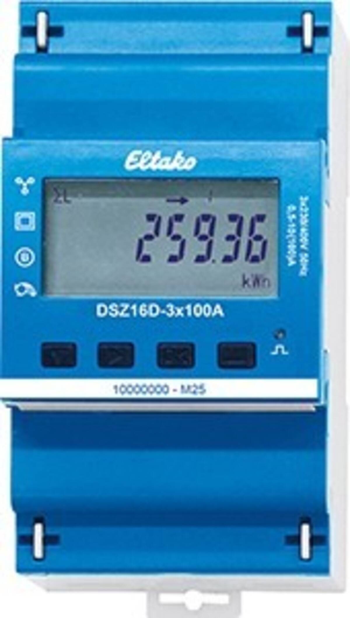 Digitale Stromzähler-Anzeige in Blau zeigt 259,36 kWh an, gekennzeichnet als Eltako DSZ16D-3x100A.