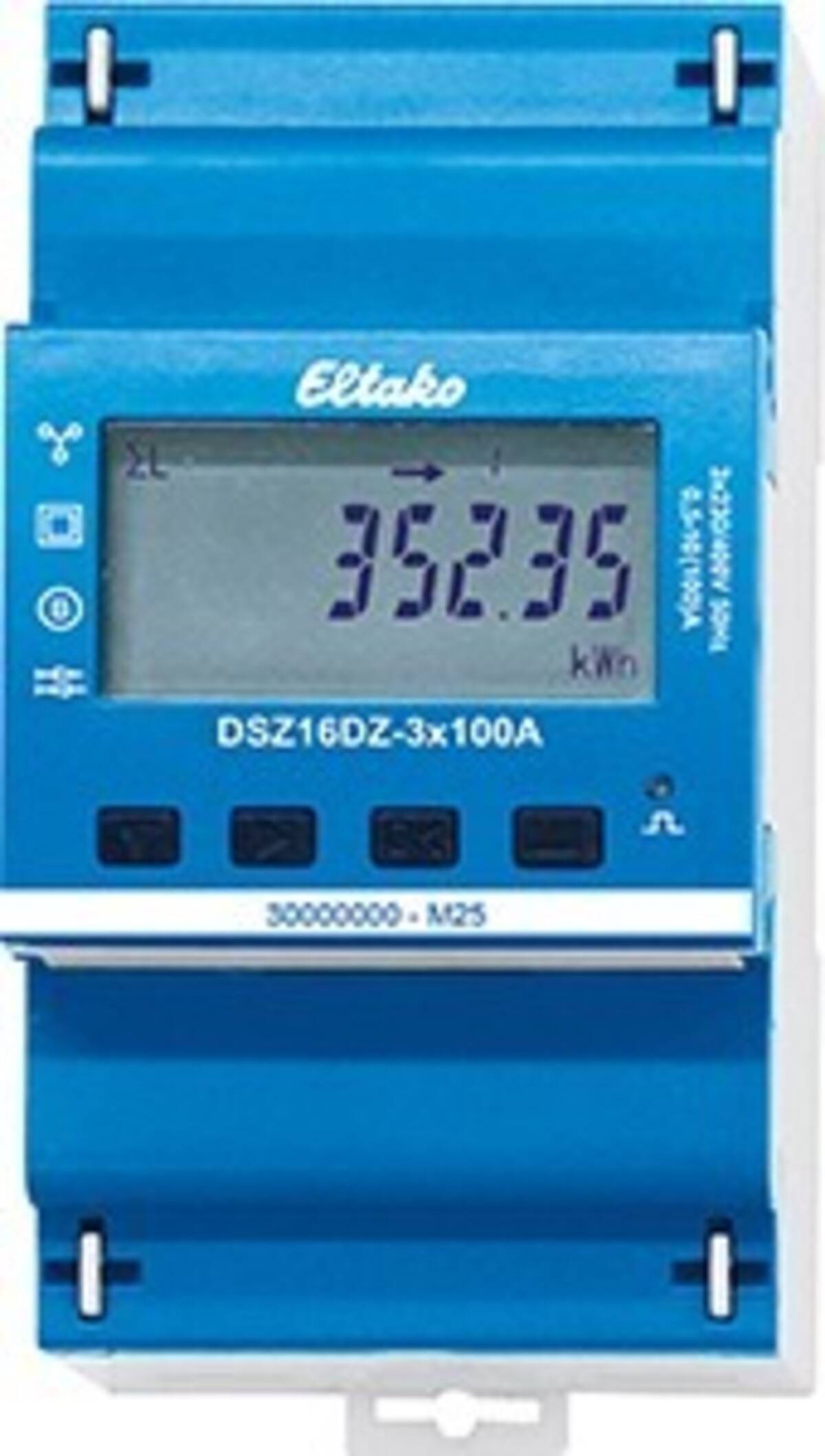 Blauer Eltako Digital-Stromzähler mit Anzeige 352,35 kWh, Modell DSZ16DZ-3x100A.