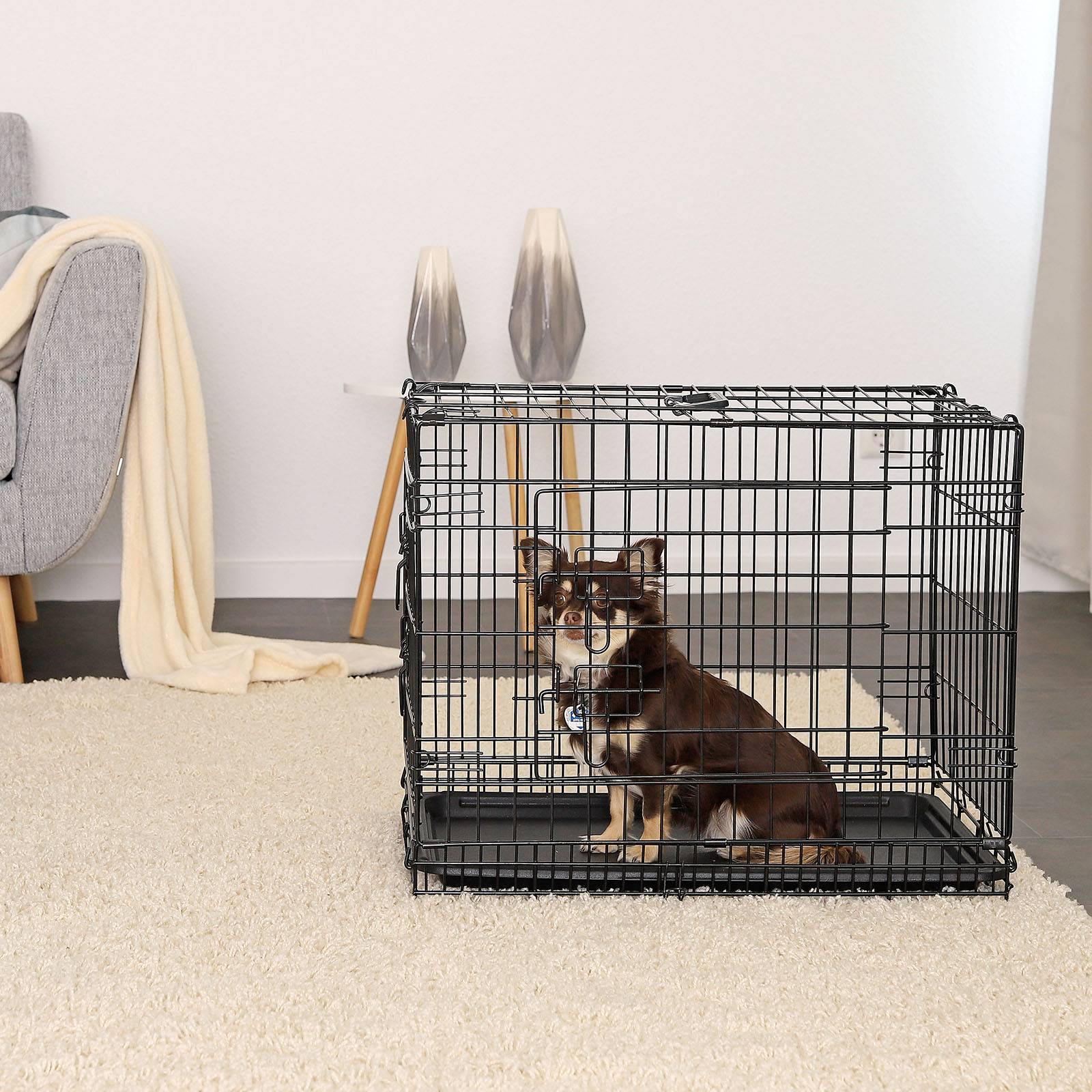 lionto Transportkäfig für Katzen aus Metall, stabil & klappbar mit Trennwand & Kunststoffbodenwanne, 61x44x51 cm
