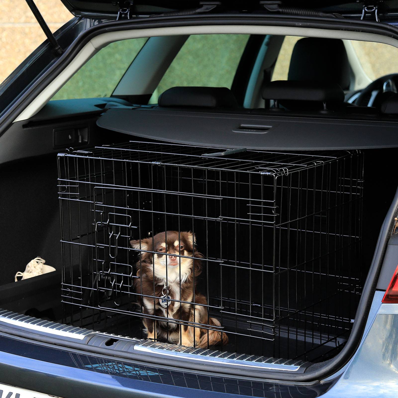 lionto Transportkäfig für Katzen aus Metall, stabil & klappbar mit Trennwand & Kunststoffbodenwanne, 61x44x51 cm