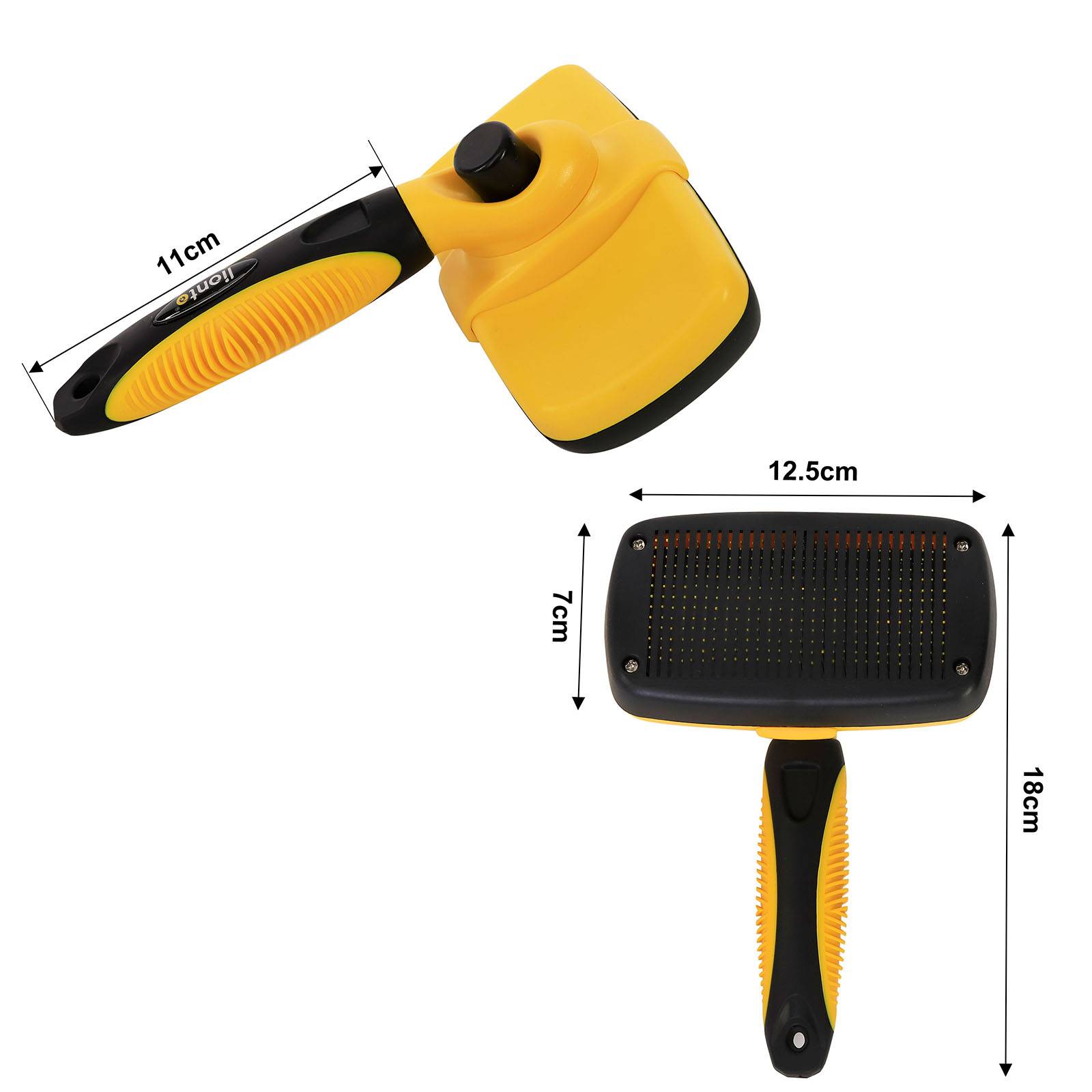 lionto Katzenbürste mit Knopfreinigung, Fellpflegebürste mit abgerundeten Edelstahlborsten, ergonomisch & hautschonend, gelb/schwarz