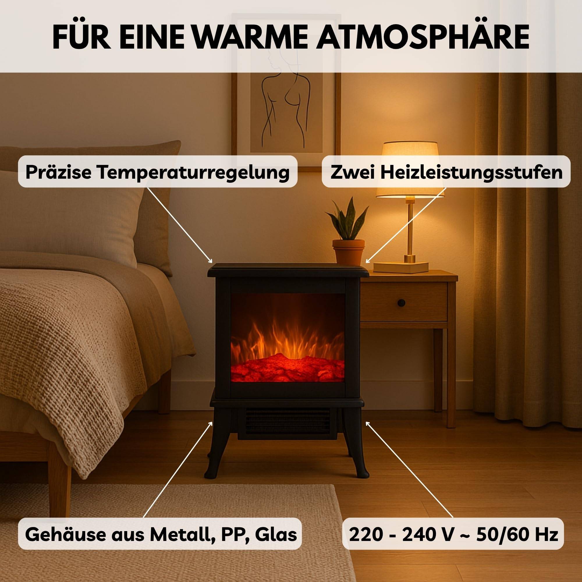 Elektrischer Kamin Kaminofen Ofen elektrisch Elektrokamin mit Heizung Flammeneffekt Freistehend