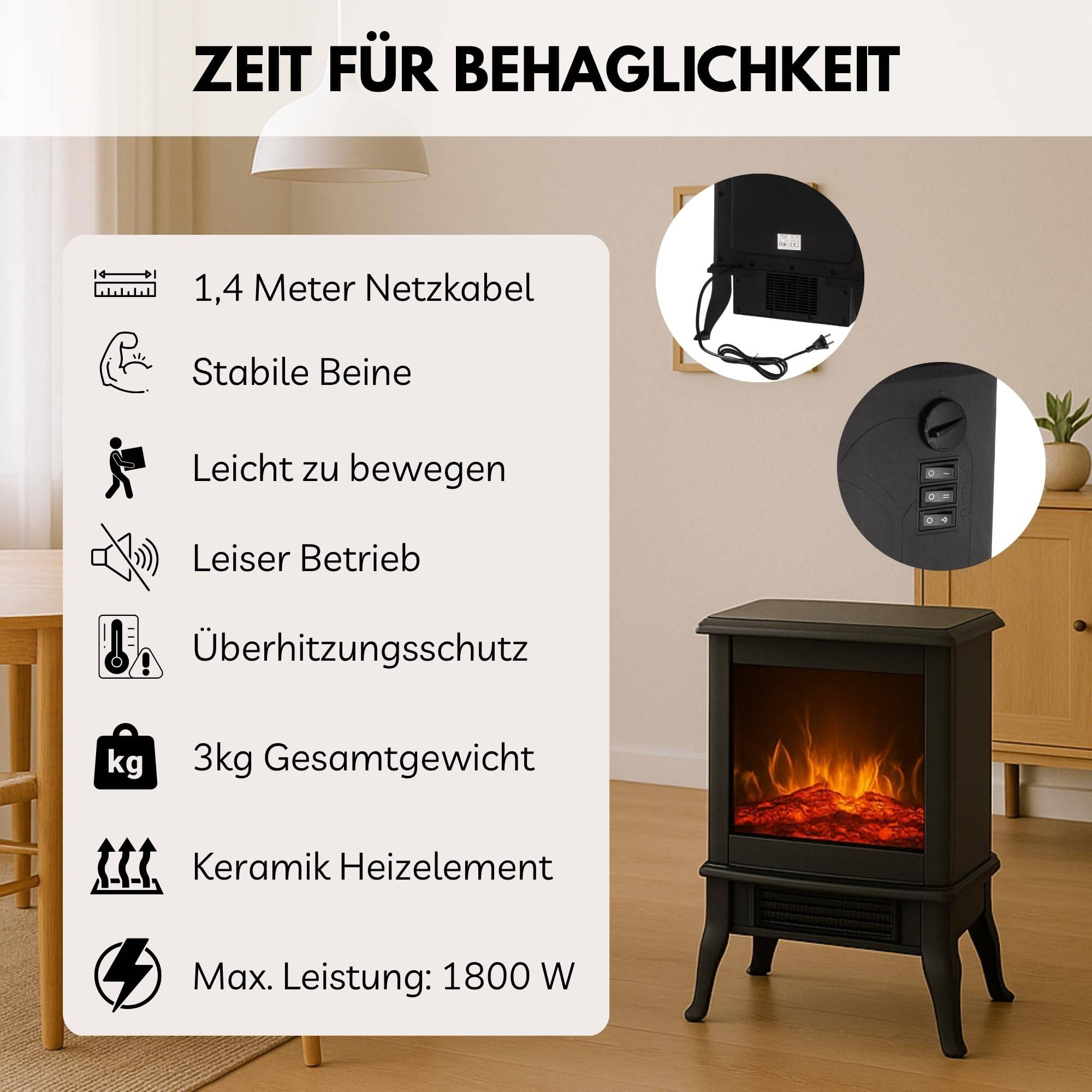 Elektrischer Kamin Kaminofen Ofen elektrisch Elektrokamin mit Heizung Flammeneffekt Freistehend