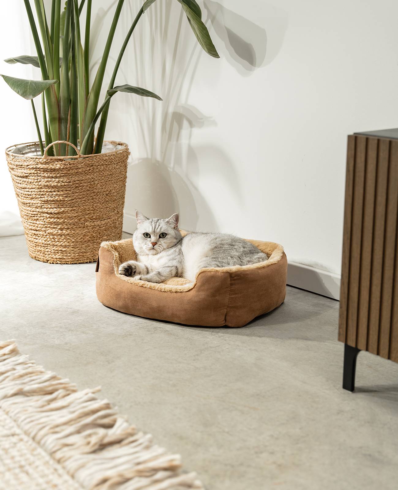 lionto Katzenbett, weiches Kuschelbett mit herausnehmbarem Wendekissen & Anti-Rutsch-Boden, pflegeleicht & modern, 50x37 cm, braun/beige