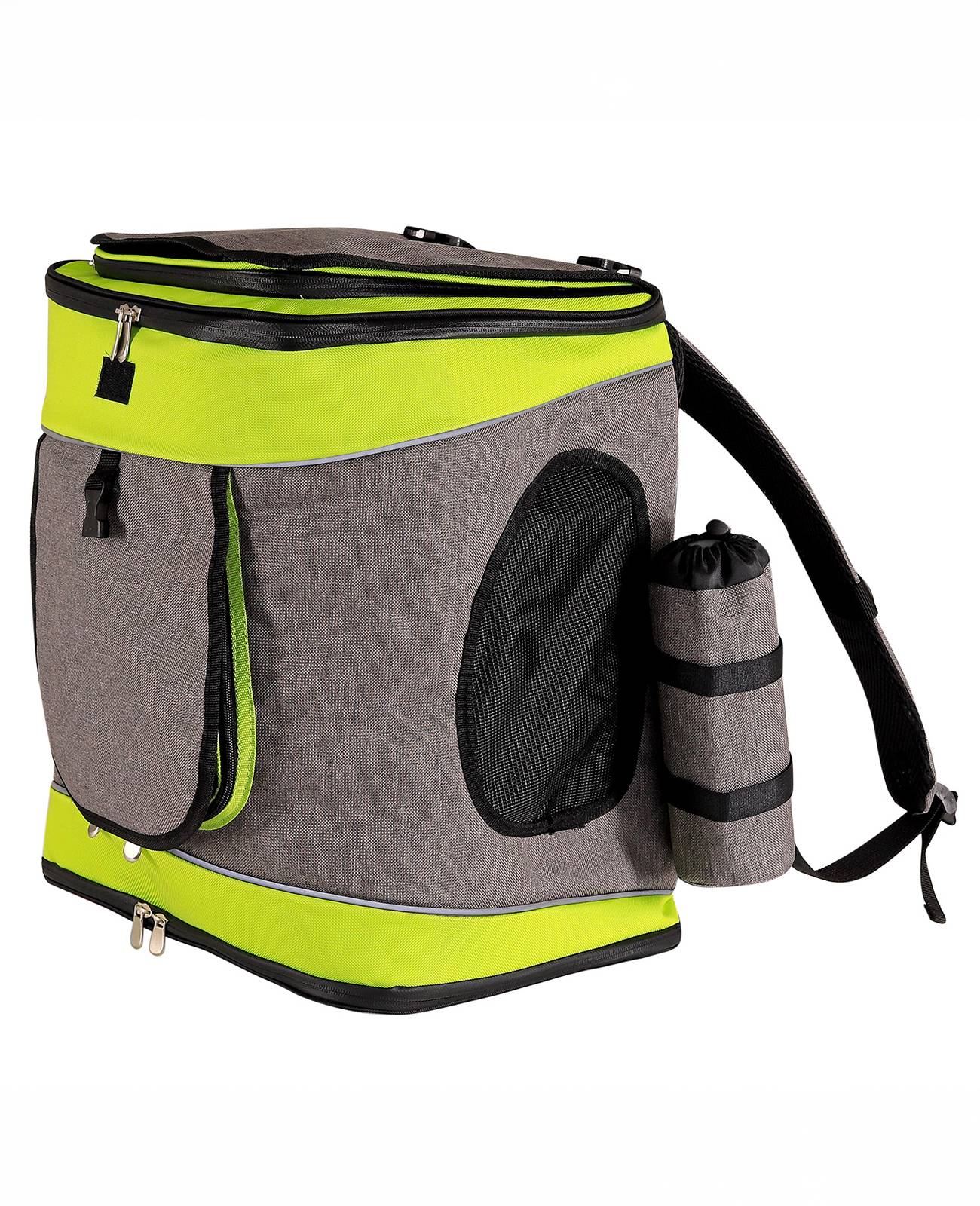 lionto Katzen-Rucksack, komfortabler & wetterfester Haustierrucksack mit Belüftung, Karabinerhaken & Reflektoren, grau/grün