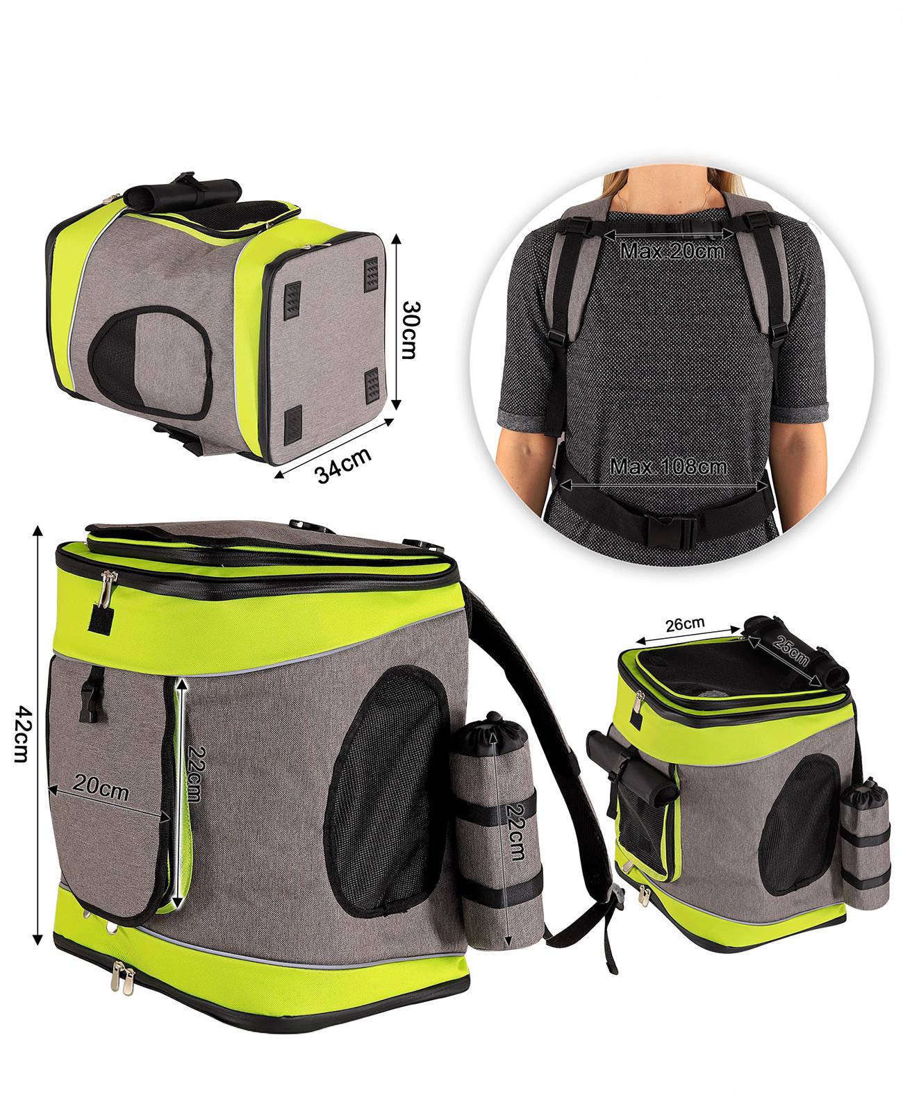 lionto Katzen-Rucksack, komfortabler & wetterfester Haustierrucksack mit Belüftung, Karabinerhaken & Reflektoren, grau/grün