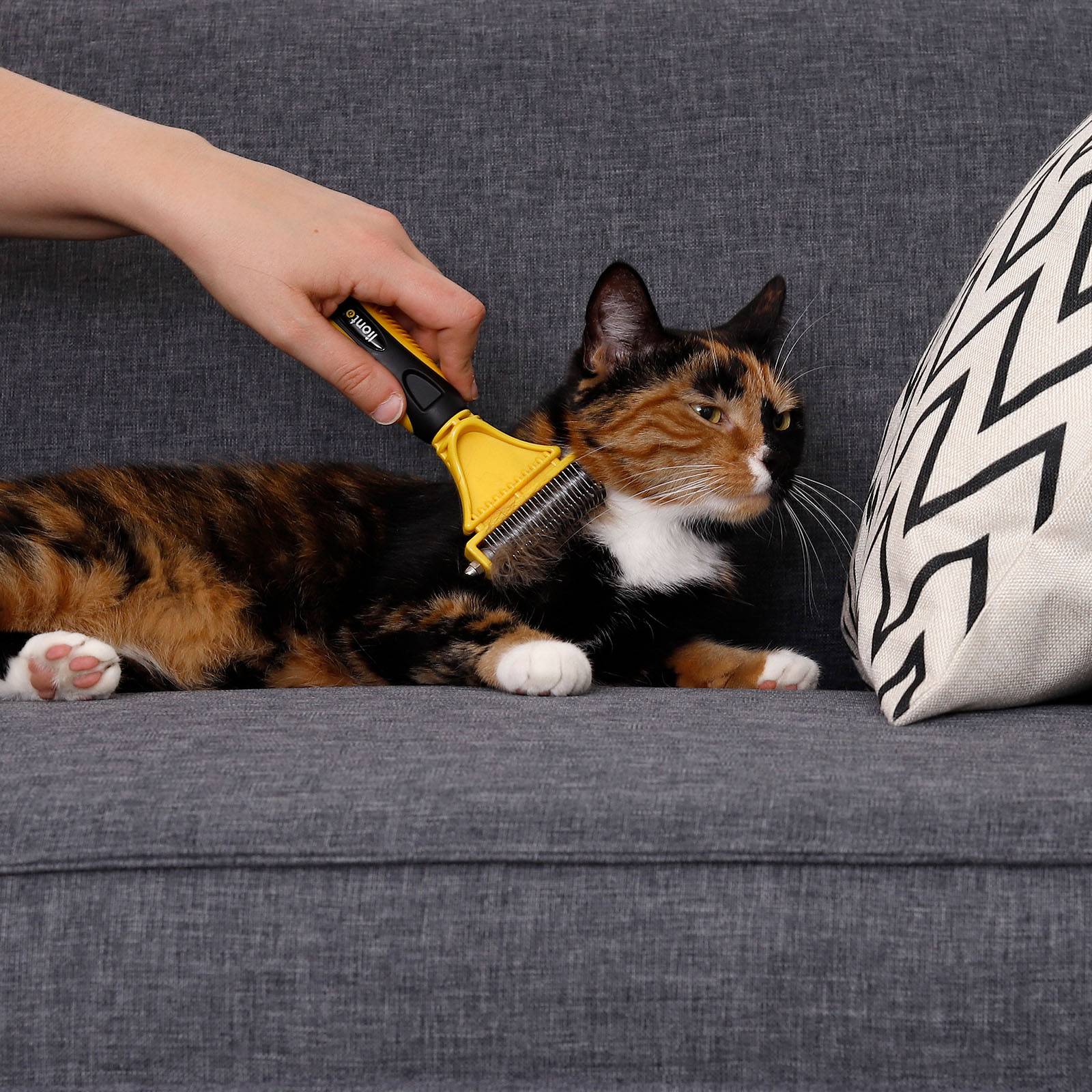 lionto 2-in-1 Entfilzungsbürste, Katzenbürste mit Edelstahlklingen, ergonomischer Griff, sanft & effektiv, gelb/schwarz