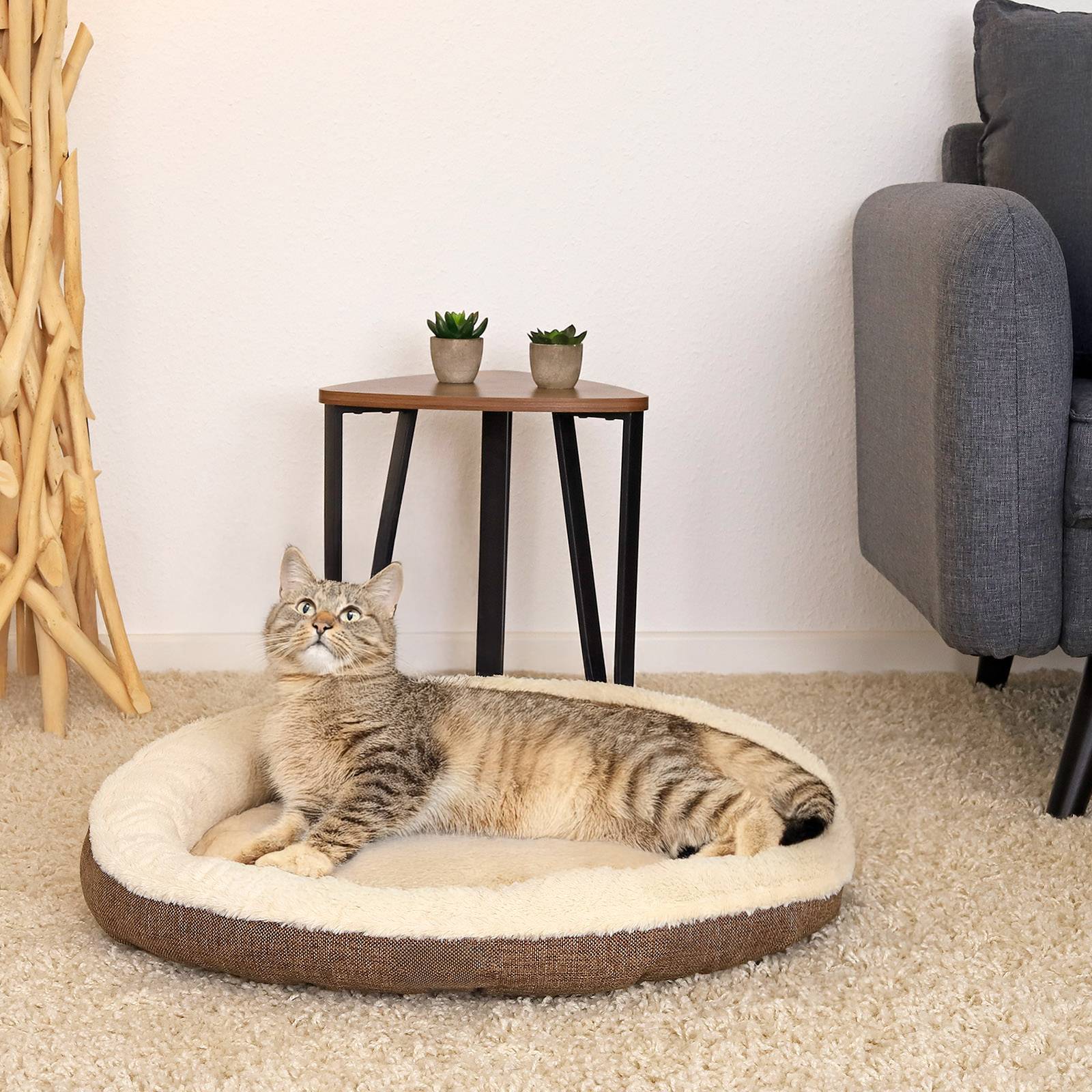 lionto Katzenbett, extra weiches Doughnut-Bett für Katzen, gemütlich, pflegeleicht & stilvoll, 65 cm Durchmesser, braun
