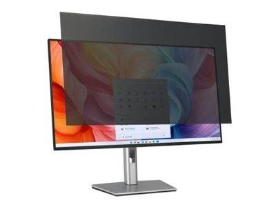 Ein Computermonitor mit einem Sichtschutzfilter, der einen bunten abstrakten Hintergrund zeigt.