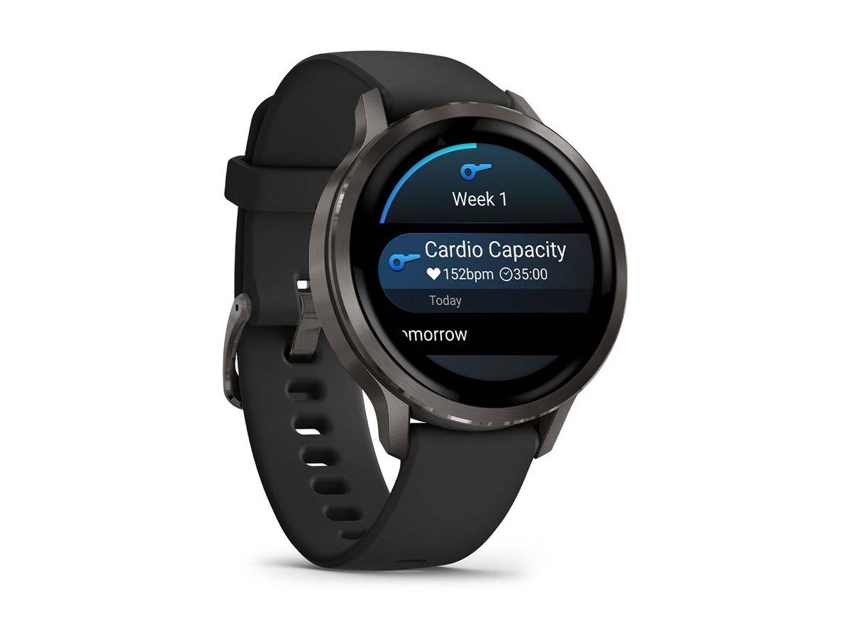 Schwarze Smartwatch, die einen Fitness-Bildschirm mit „Woche 1