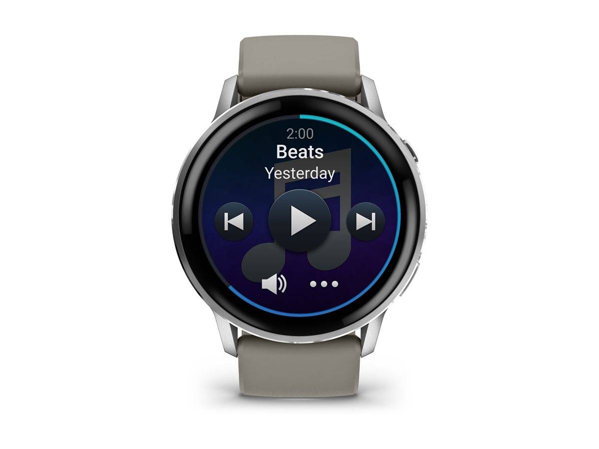Smartwatch mit grauem Armband, das eine Musikplayer-Schnittstelle anzeigt. Der aktuell laufende Song ist ‚Beats', mit Steuerungselementen für Wiedergabe, Pause und Lautstärke.
