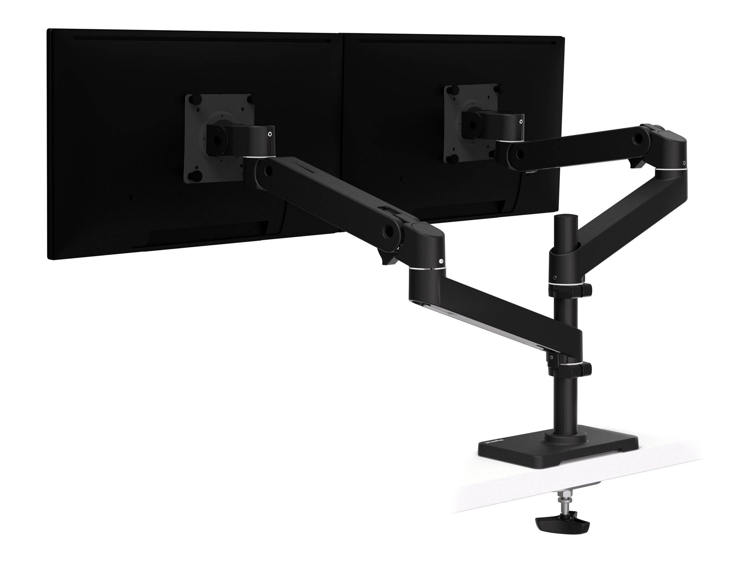 Armhalterung mit zwei Monitoren an einem Schreibtisch angebracht, die zwei schwarze Monitore nebeneinander auf verstellbaren Gelenkarmen hält.