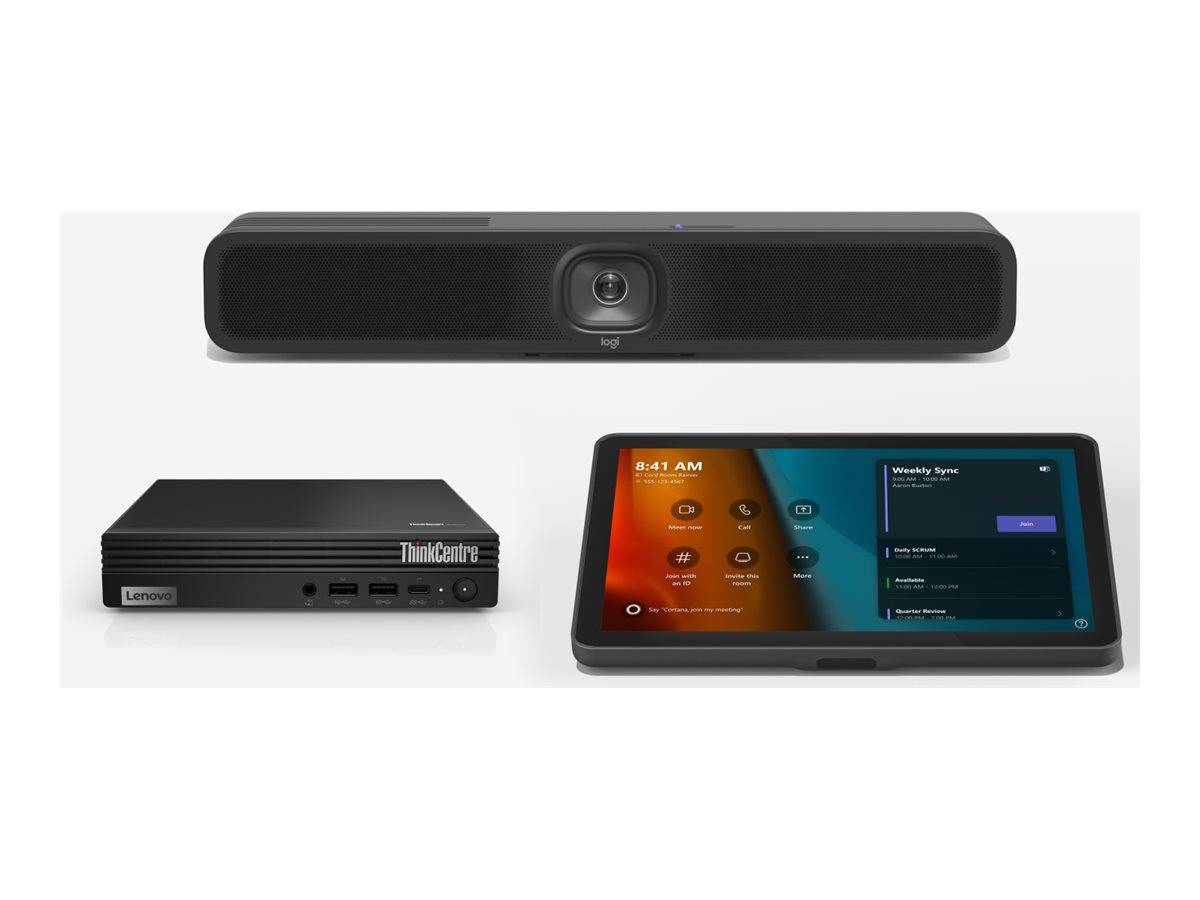 Lenovo ThinkCentre-Desktop mit einer vorderen Kamerabar und einem Touchscreen-Display, auf dem eine Dashboard-Oberfläche angezeigt wird, sowie ein kompakter PC mit kleinem Formfaktor.