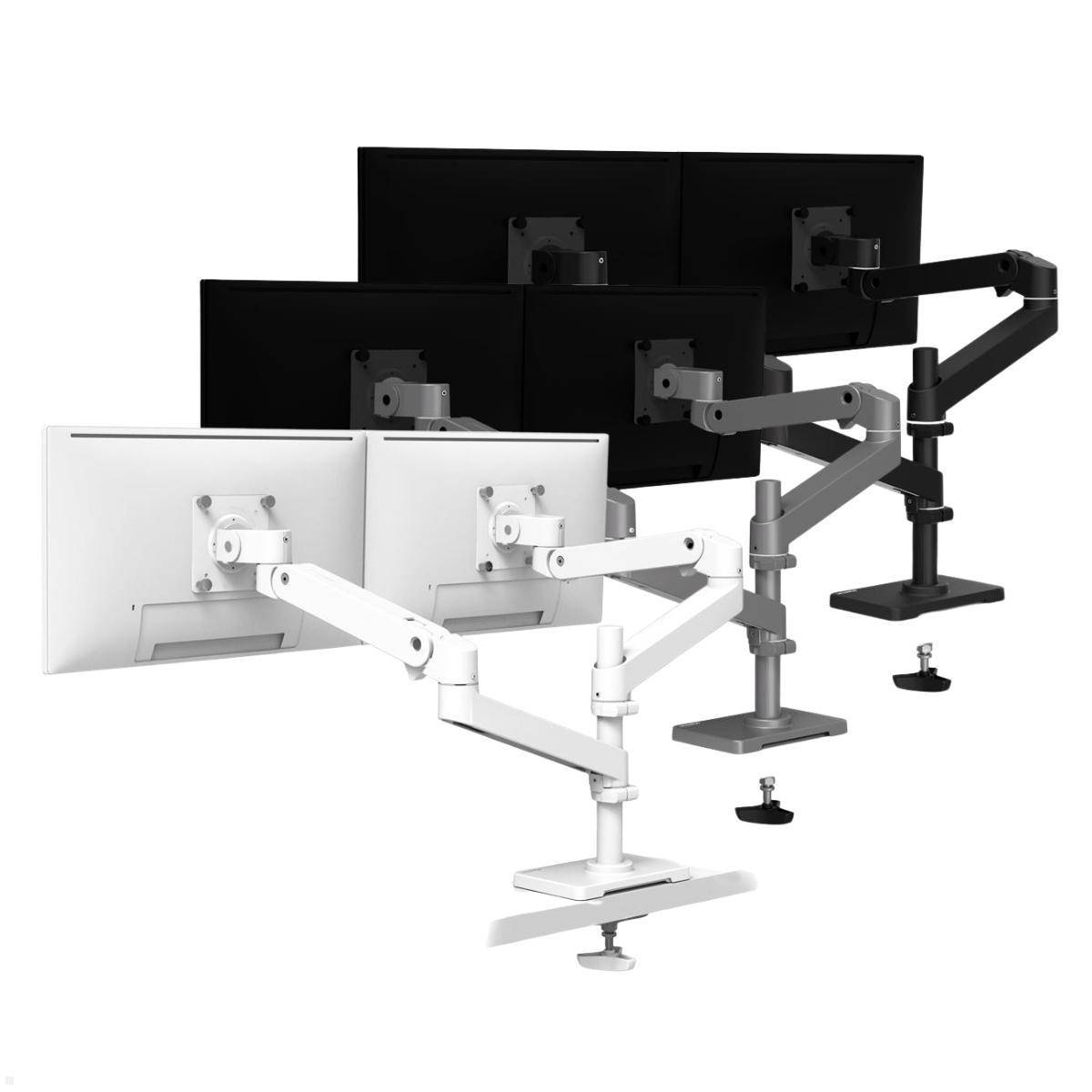 Mehrere Computermonitorarme auf Schreibtischbasen montiert, in den Farboptionen Weiß, Grau und Schwarz mit Dual-Screen-Unterstützung.