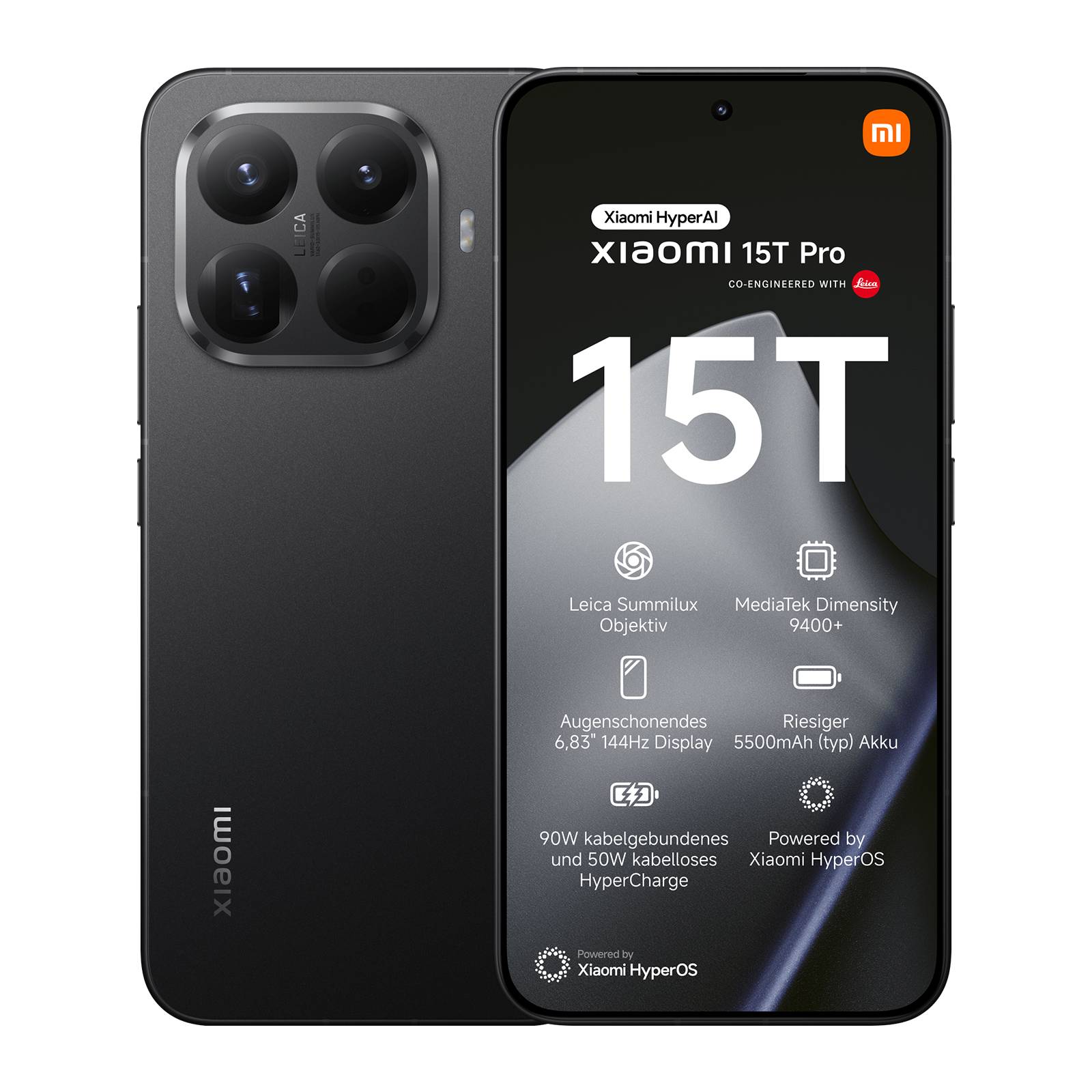 Xiaomi 15T Pro Smartphone von vorne und hinten gezeigt, mit Hervorhebung des 15T-Displays und der Spezifikationen: Leica-Kamera, MediaTek Dimensity 9400+, 6,83-Zoll-Display mit 144Hz, 5500-mAh-Akku, HyperCharge, HyperOS.