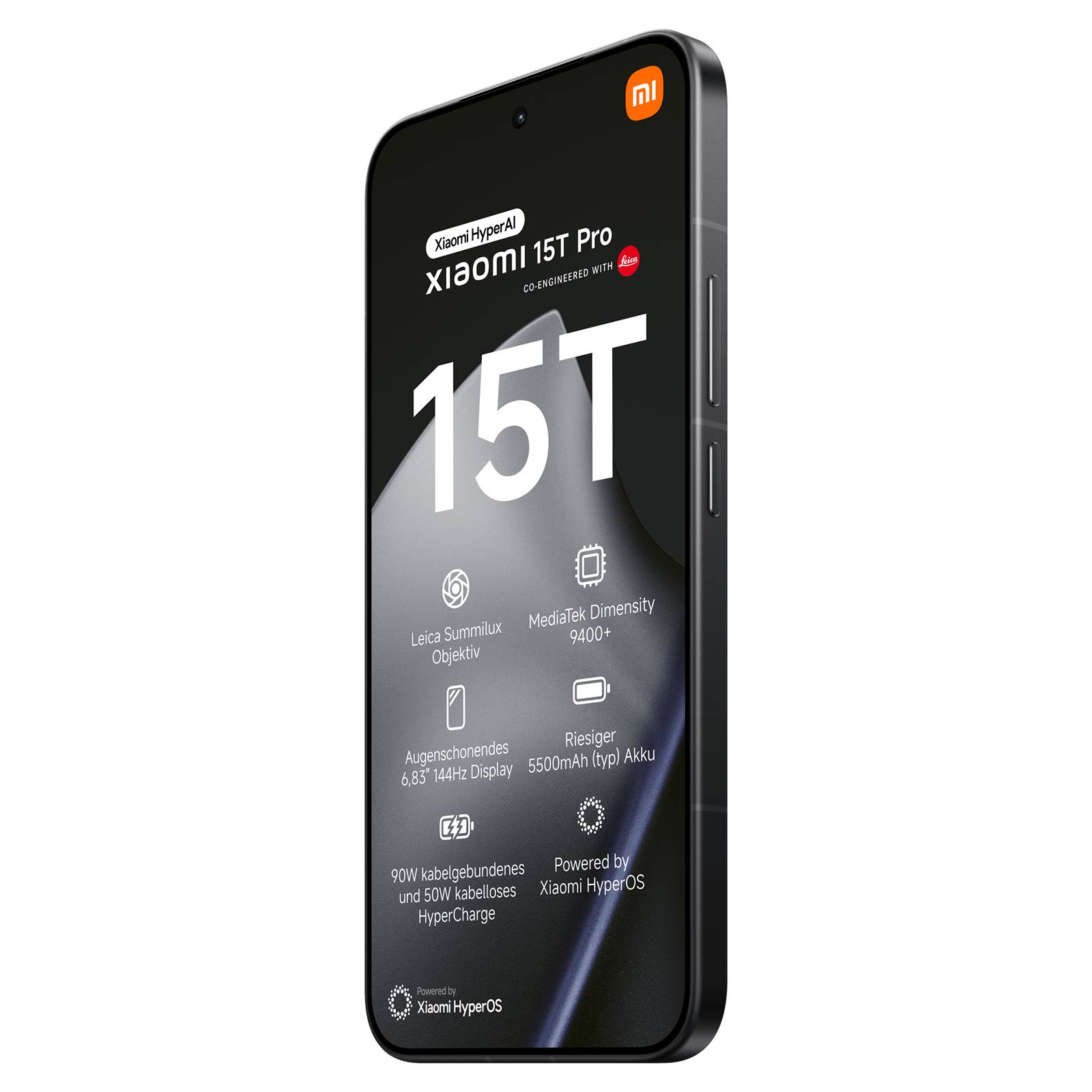 Schwarzes Xiaomi 15T Pro Smartphone von vorne gezeigt, mit Produktname und wichtigsten Spezifikationen auf dem Bildschirm: Leica-Kamera, Dimensity 9400+, 5500-mAh-Akku und HyperOS.