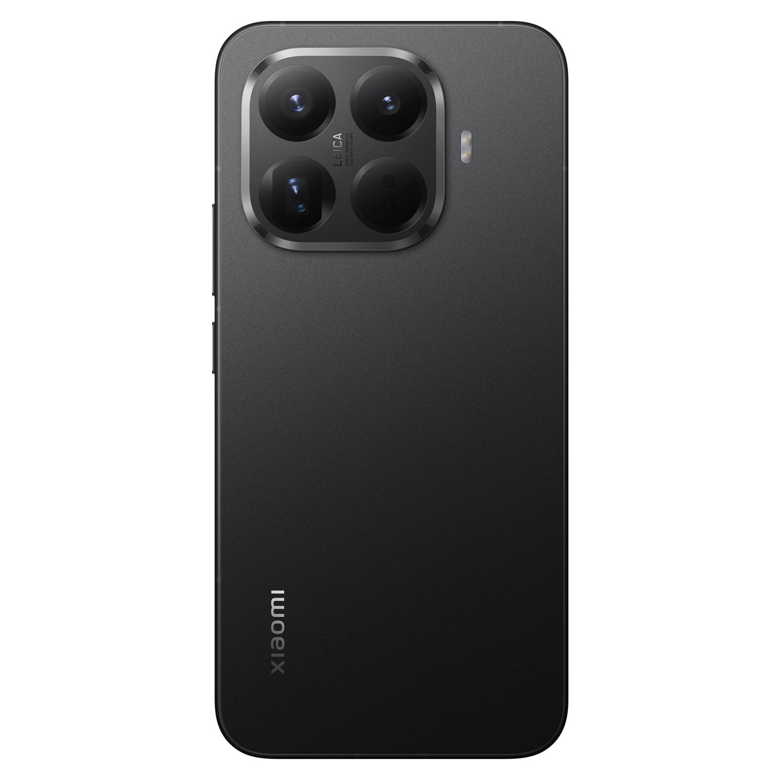 Rückseite eines schwarzen Xiaomi-Smartphones mit großem quadratischem Triple-Kamera-Modul und Blitz oben links.
