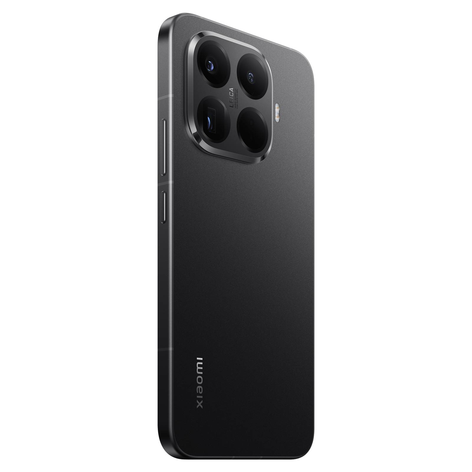 Rückansicht eines schwarzen Xiaomi-Smartphones, das ein großes quadratisches Triple-Kamera-Modul und Seitentasten auf einem einfachen dunklen Hintergrund zeigt.