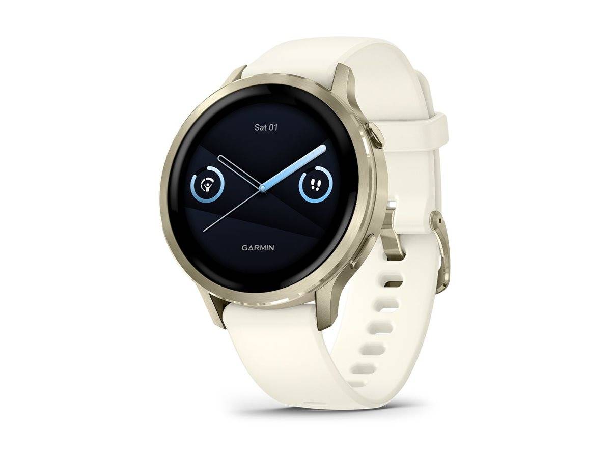 Eine gold-weiße Smartwatch, die das Datum 'Sa 01' anzeigt, mit kreisförmigen Symbolen zur Aktivitätsverfolgung auf ihrem schwarzen Bildschirm.