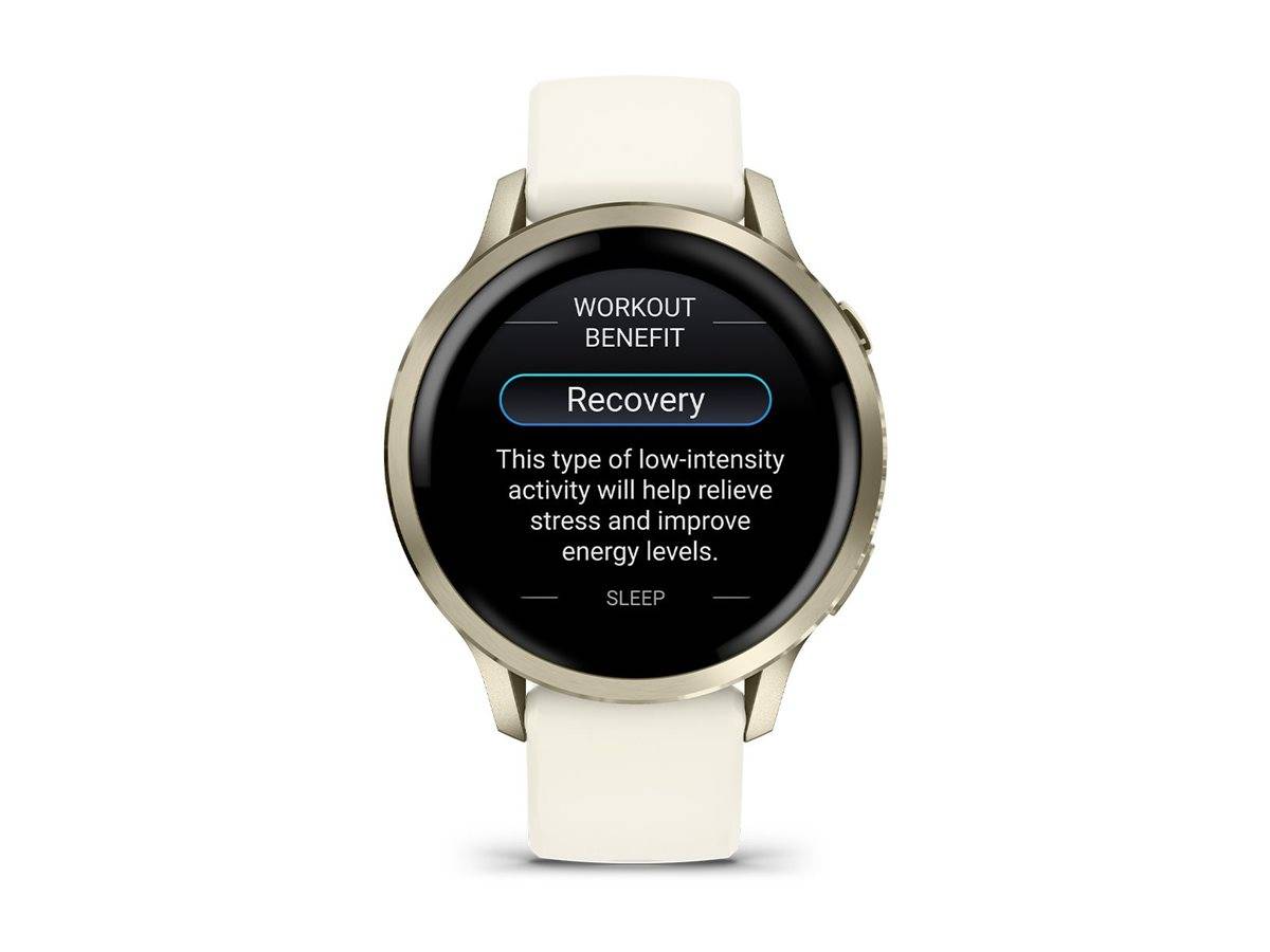 Smartwatch-Display zeigt 'Workout-Nutzen: Erholung' mit dem Text 'Diese Art von geringer Intensität wird helfen, Stress zu reduzieren und die Energielevels zu verbessern.