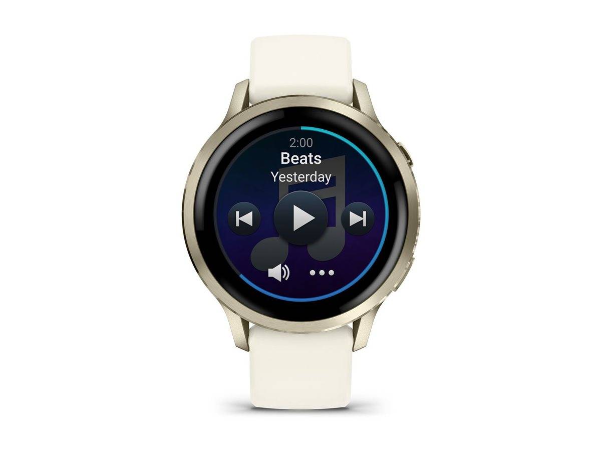 Smartwatch zeigt eine Musikplayer-Schnittstelle mit dem Text 'Beats' und 'Yesterday'. Eine Play-Taste ist zentriert, mit Steuerungssymbolen.