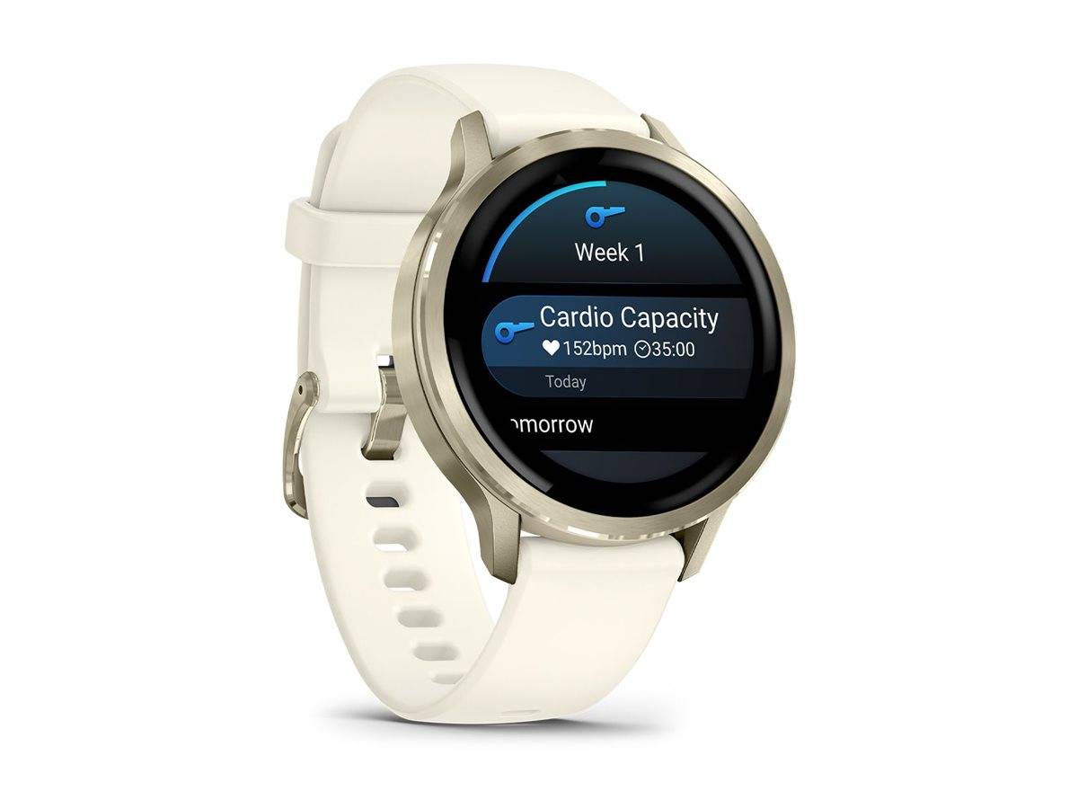 Eine Smartwatch zeigt einen Bildschirm der Fitness-App mit der Anzeige ‚Kardiokapazität', Herzfrequenz bei 152 Schlägen pro Minute für 35 Minuten, was Fortschritte in Woche 1 anzeigt.