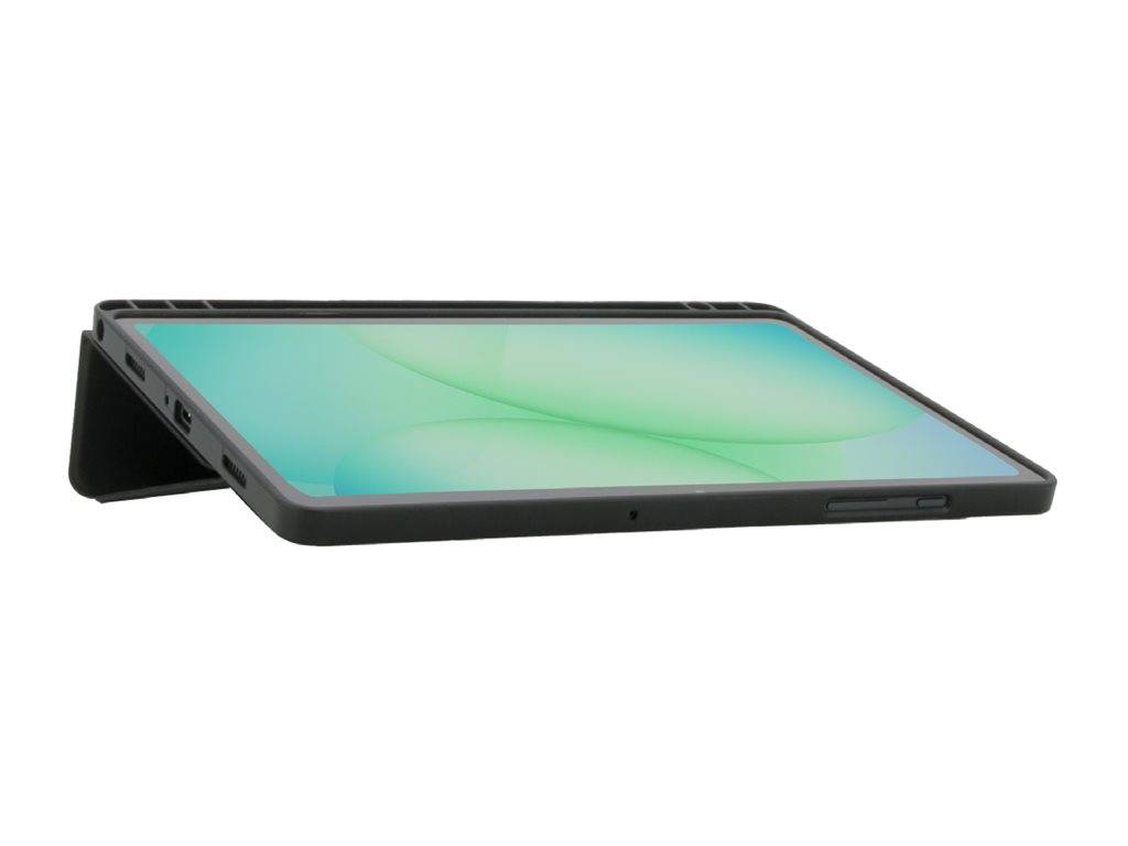 Ein schlankes, schwarzes Tablet, halb geöffnet, mit einem grünen Bildschirm.