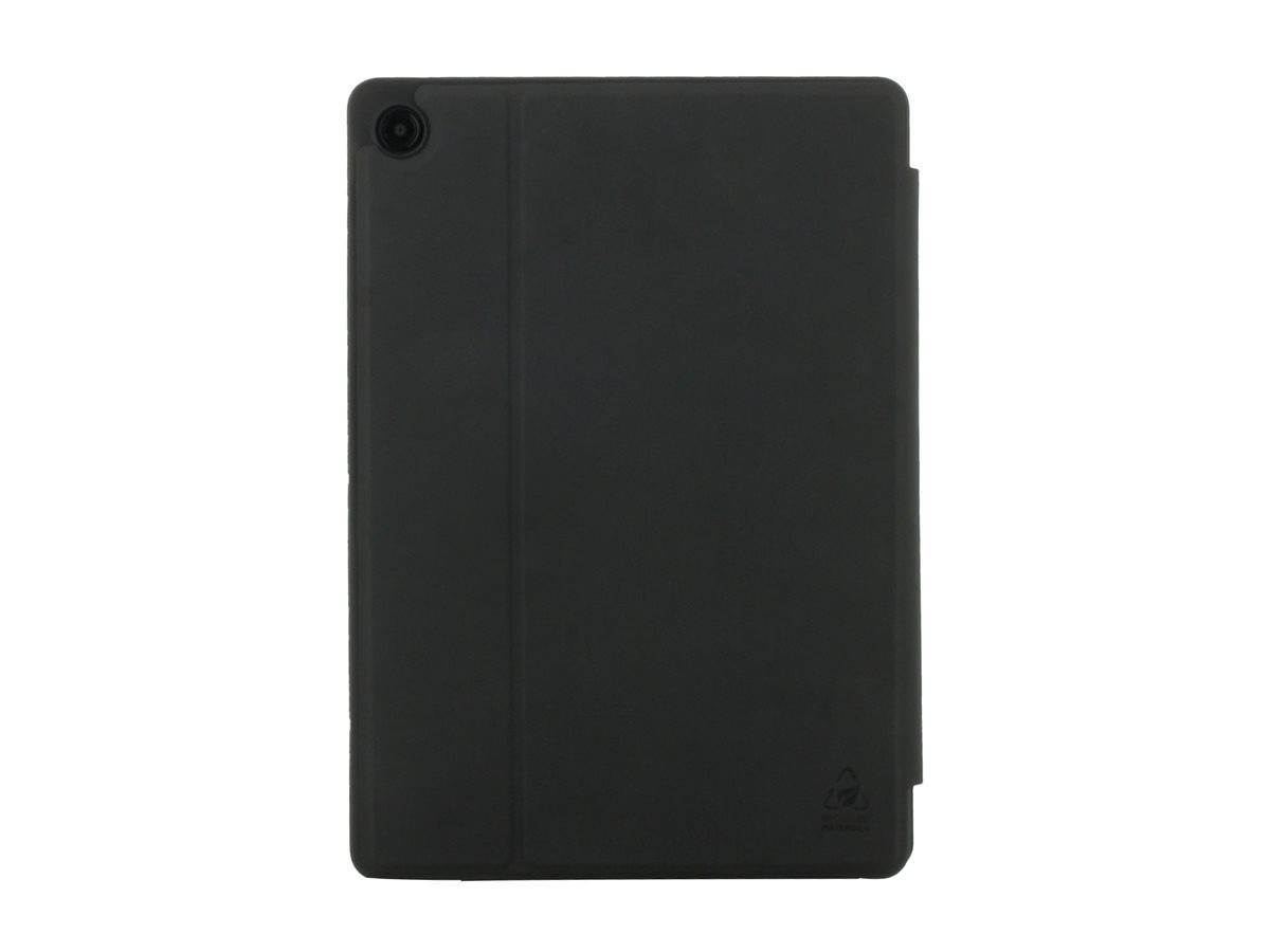 Ein schwarzes Tablet-Etui mit einer Kameraausschnitt in der oberen linken Ecke, in geschlossenem Zustand, vor einem einfarbigen Hintergrund.
