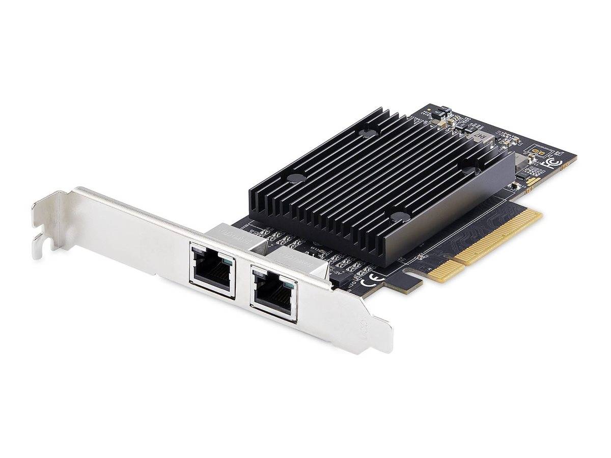 Eine Netzwerkkarte für Computer mit zwei Ethernet-Anschlüssen und einem Kühlkörper, die für den Einbau in einen Desktop-Computer zur Ermöglichung der LAN-Konnektivität konzipiert ist.