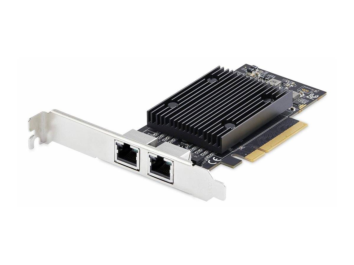 Eine Dual-Port-Netzwerkkarte mit zwei Ethernet-Anschlüssen, einem schwarzen Kühlkörper und einem PCIe-Anschluss, entwickelt für die Erweiterung von Computern.