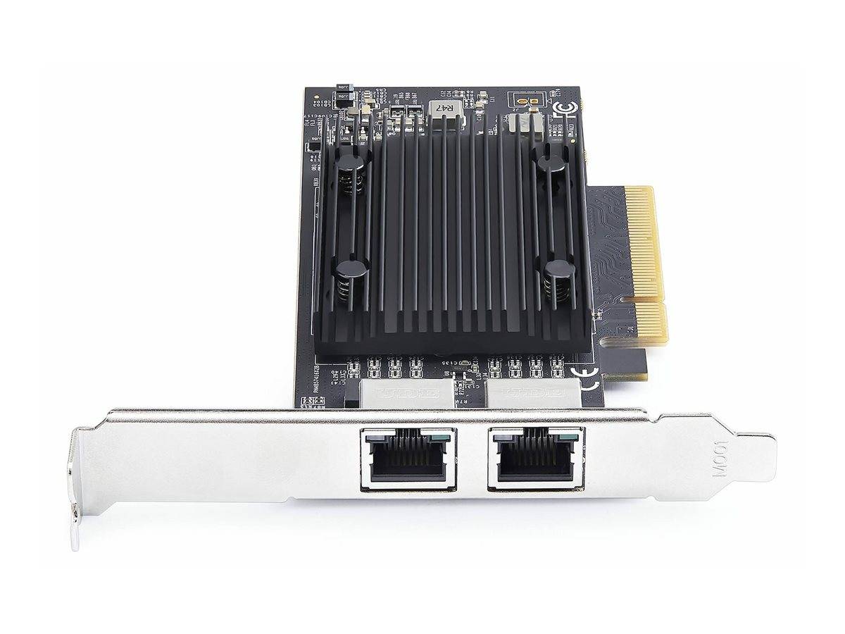 Eine Netzwerkkarte für Computer mit zwei Ethernet-Anschlüssen und einem Kühlkörper ist abgebildet, die für das Hinzufügen von Netzwerkverbindungen zu einem PC konzipiert ist.