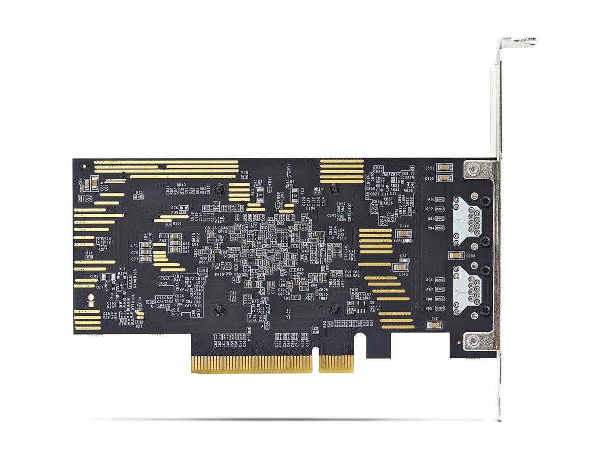 Eine Grafikkarte mit sichtbaren elektronischen Schaltkreisen und goldenen Anschlüssen, von der Rückseite gezeigt, wobei die Schnittstelle und Steckplätze hervorgehoben werden.