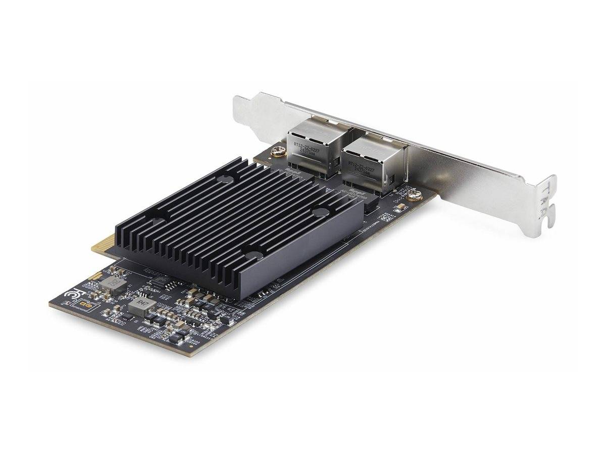 Eine Computernetzwerkkarte mit zwei Ethernet-Anschlüssen und einem Kühlkörper, die für die Verbesserung der Konnektivität und Datenübertragung entwickelt wurde.