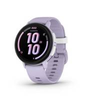 Eine Lavendel-Smartwatch mit rundem Zifferblatt zeigt die Uhrzeit '10:10'. Das Armband ist aus Silikon, und die Uhr verfügt über eine Herzfrequenzüberwachung.