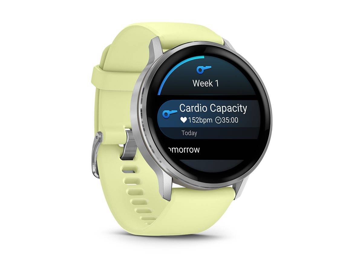 Eine Smartwatch mit einem gelben Armband zeigt Herzfrequenzdaten und 'Woche 1 Kardiokapazität' mit 152 Schlägen pro Minute auf dem Bildschirm.