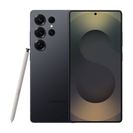 Samsung Galaxy S Serie Smartphone mit Vorder- und Rückseite dargestellt, mit Stiftift, dunklem Finish und Multi-Kamera-Reihe auf der Rückseite.