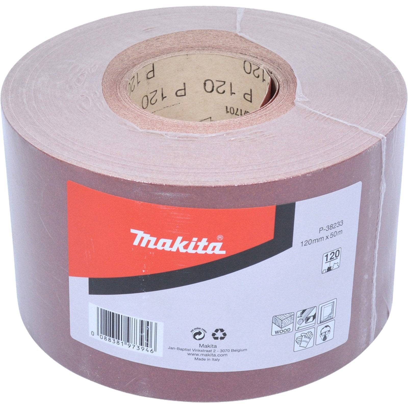 Eine Rolle Makita Schleifpapier, Körnung 120, 120 mm x 50 Meter, geeignet für Holz, Metall und Farbe.