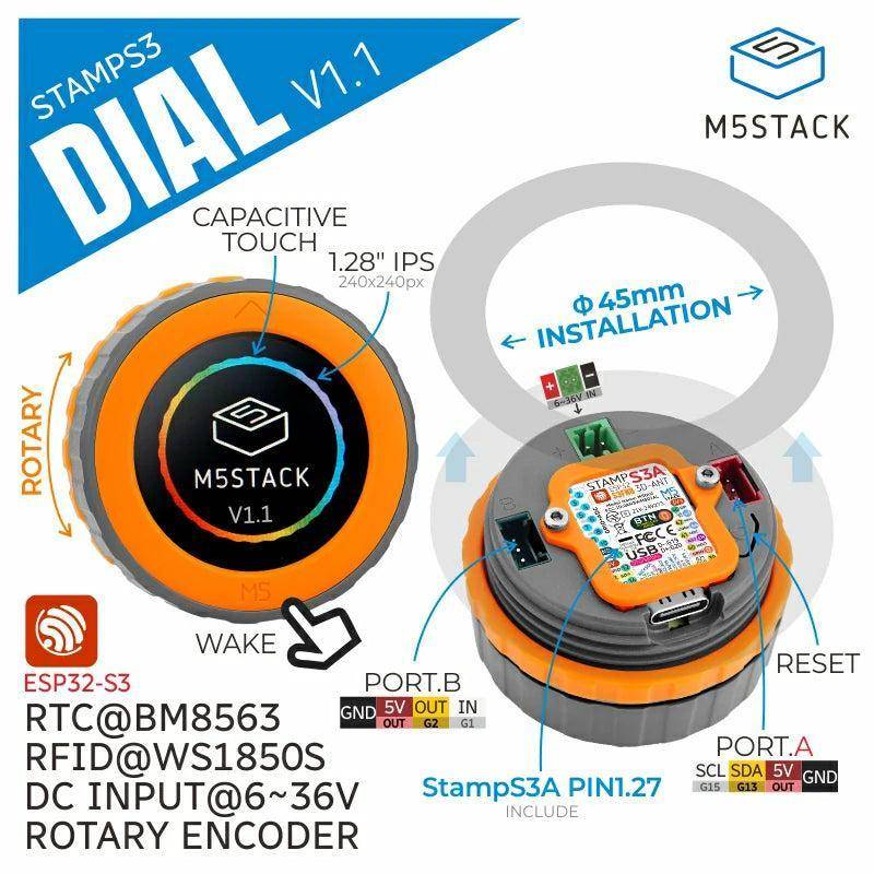 M5Stack Dial intelligenter Drehknopf, ESP32-S3, 1,28 Zoll Touchscreen, RFID, RTC, 6-36V