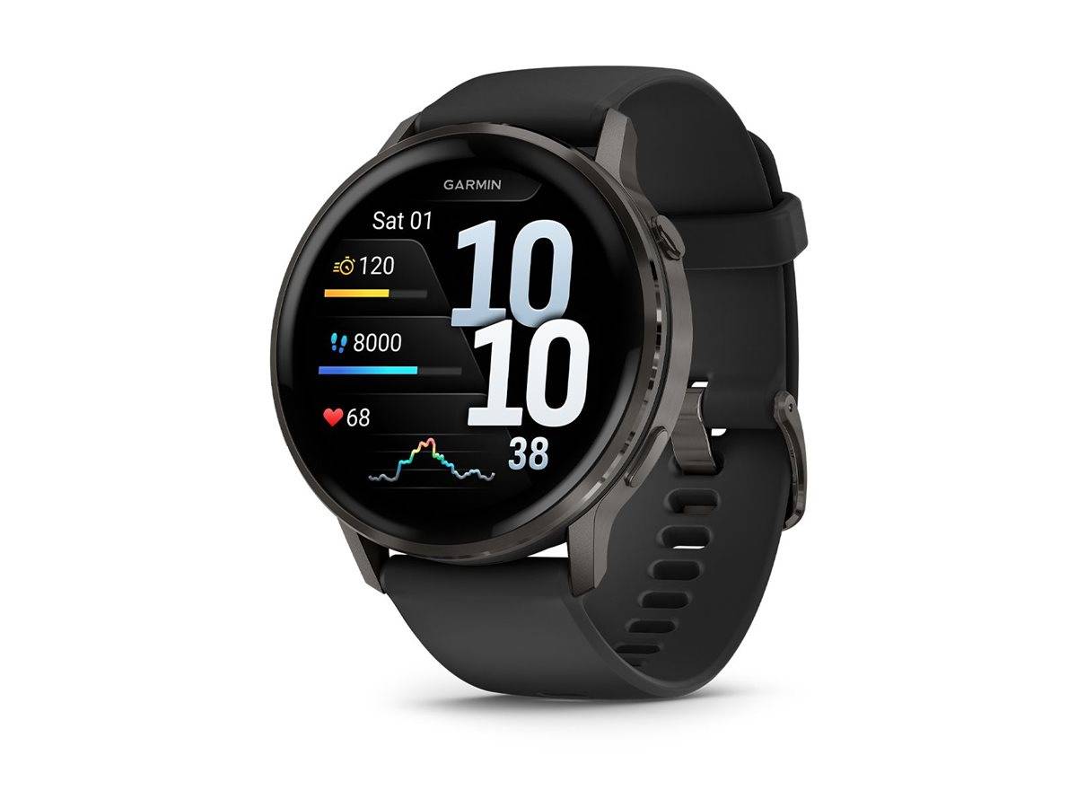 Schwarze Garmin-Smartwatch mit rundem Display, das 10:10 Uhr, Schritte, Herzfrequenz und Aktivitätsstatistiken auf einem schwarzen Armband anzeigt.